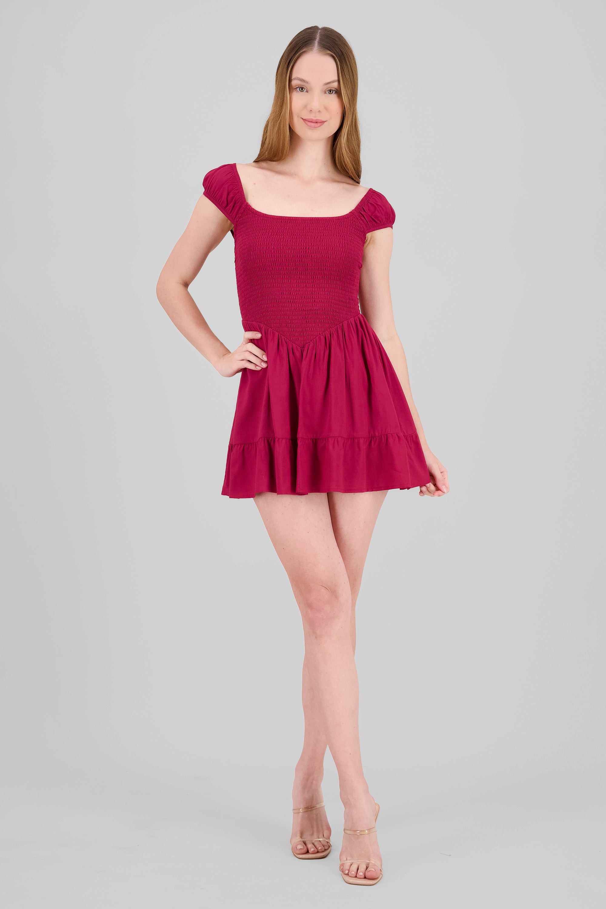 Mini vestido con smock y off shoulder ROJO QUEMADO