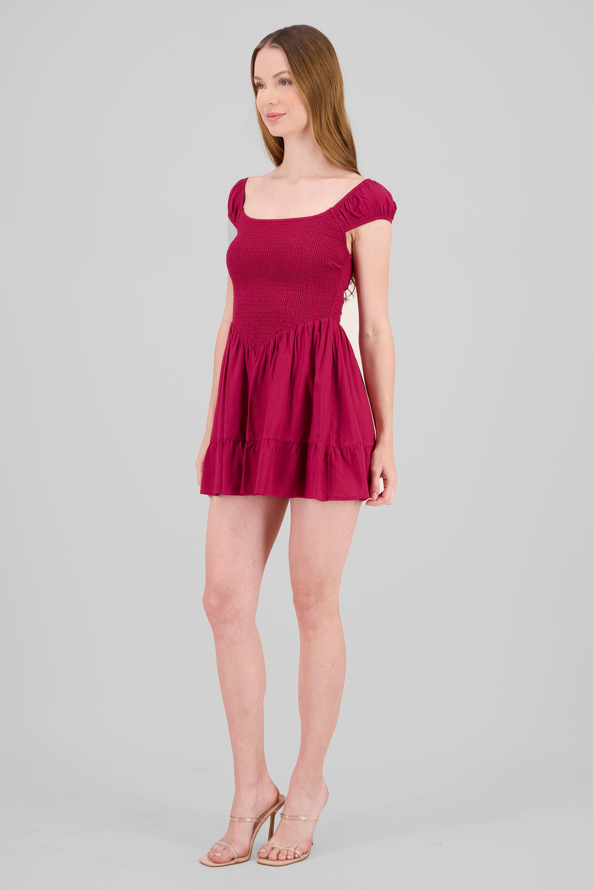 Mini vestido con smock y off shoulder ROJO QUEMADO