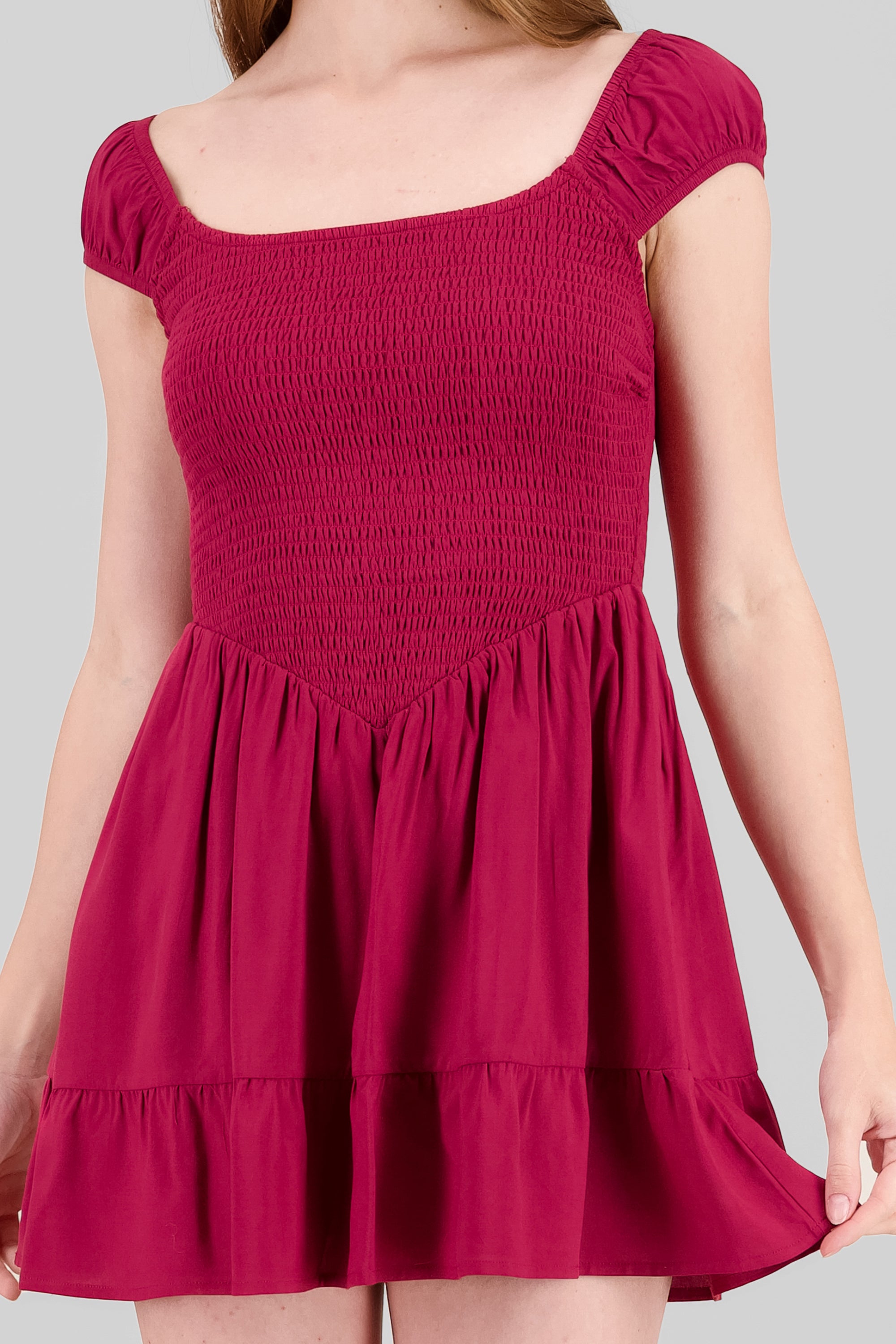 Mini vestido con smock y off shoulder ROJO QUEMADO