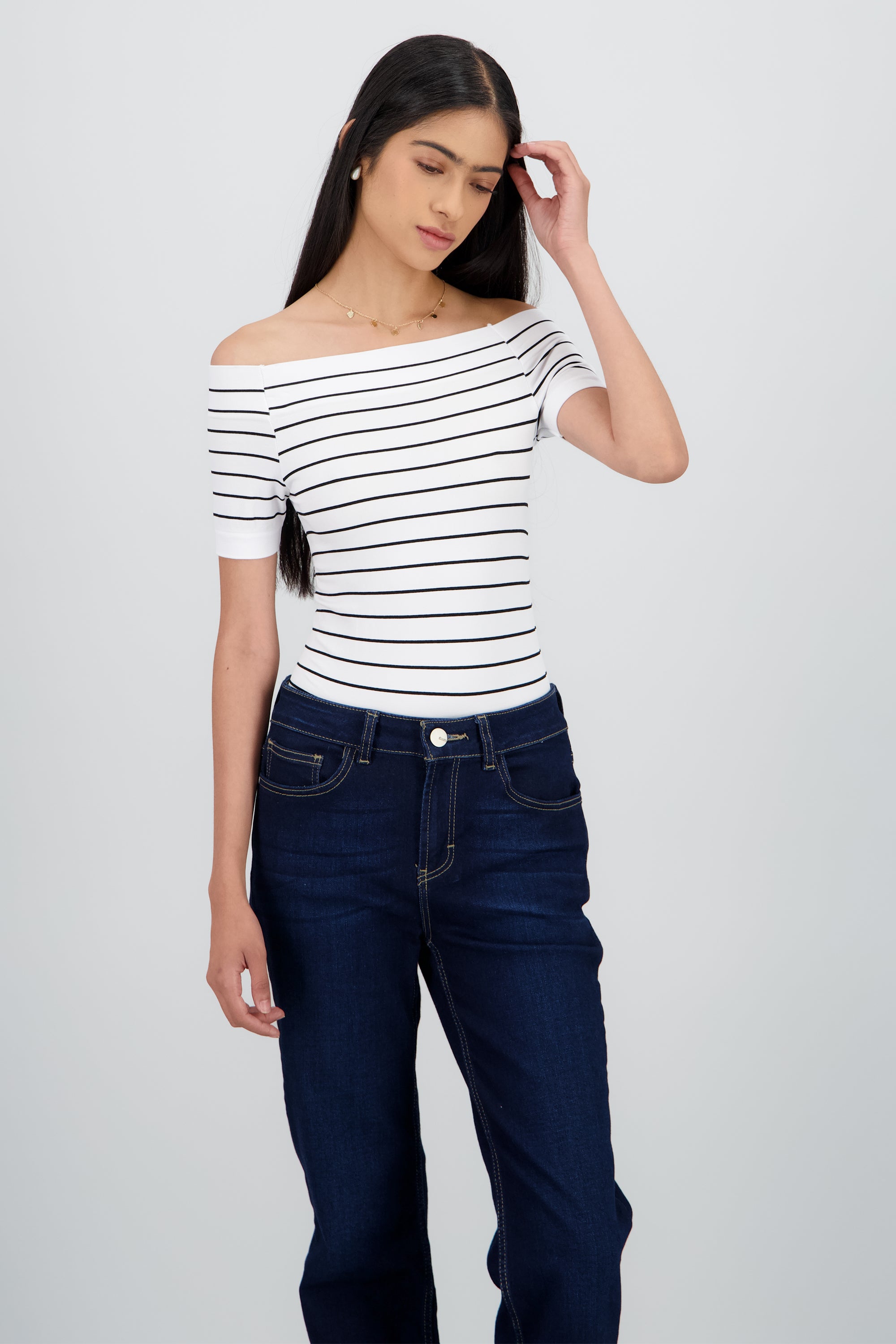 Bodysuit rayas hombro descubierto BLANCO COMBO