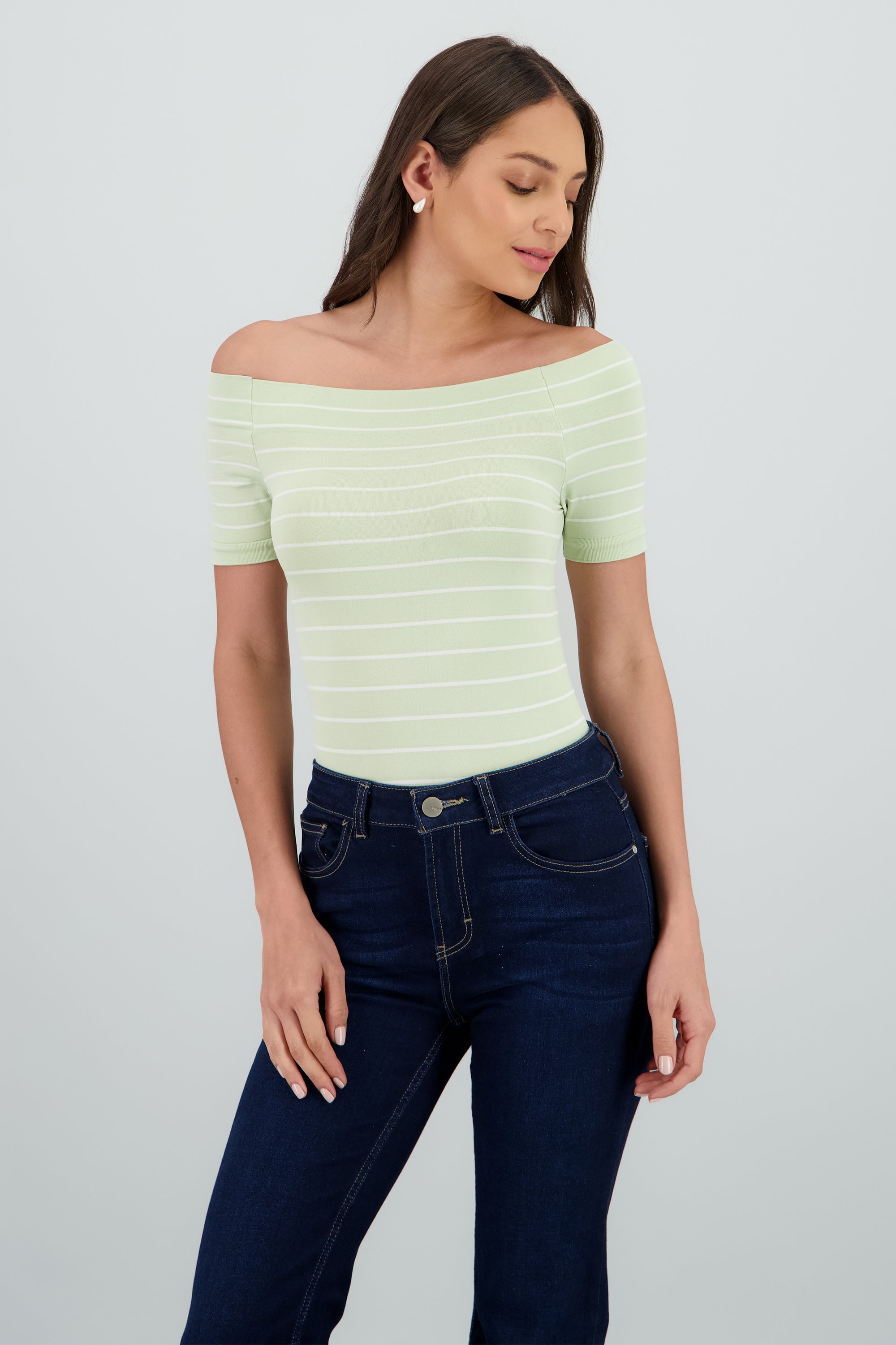 Bodysuit rayas hombro descubierto VERDE CLARO