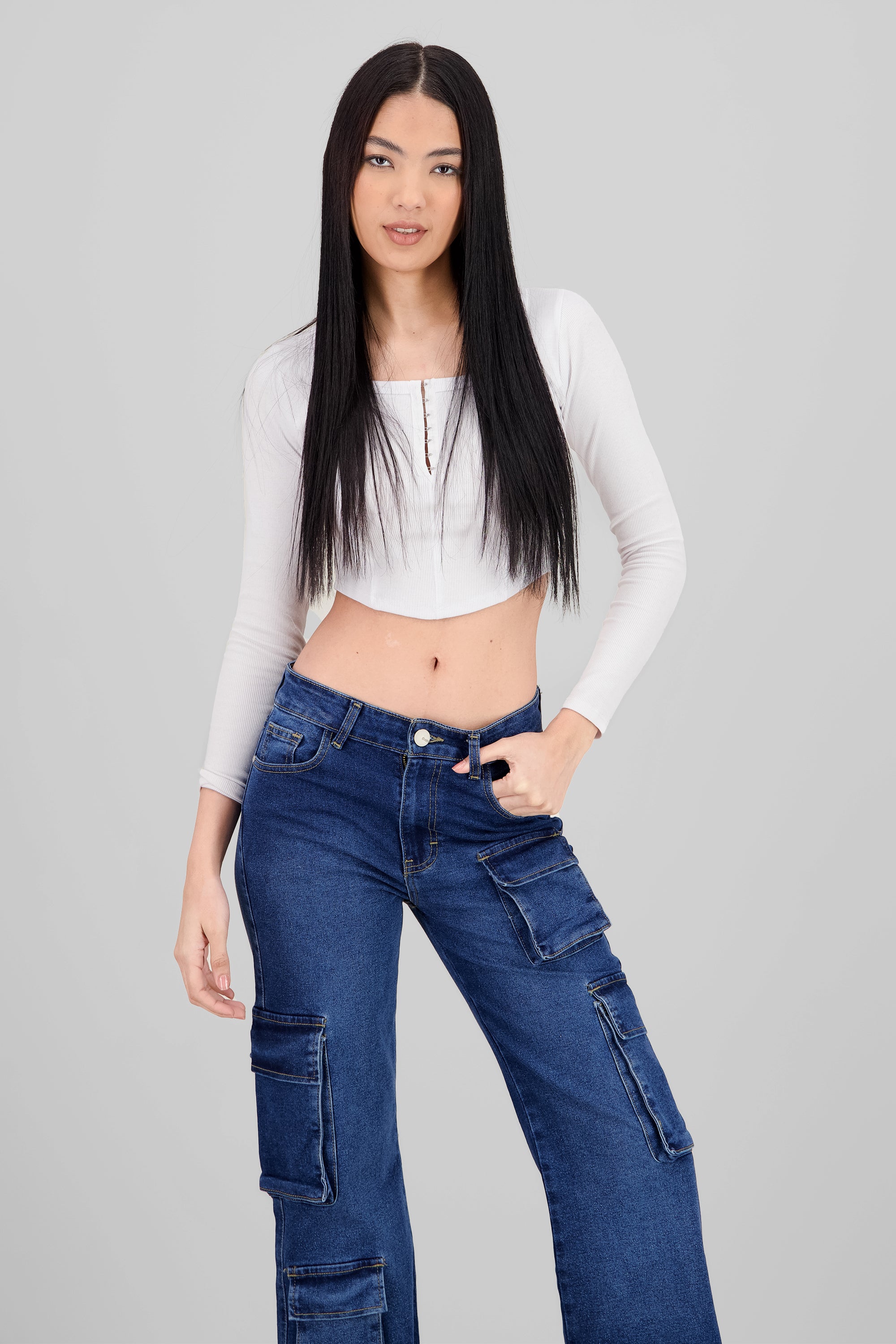 Tops manga larga escote cuadrado con broches BLANCO