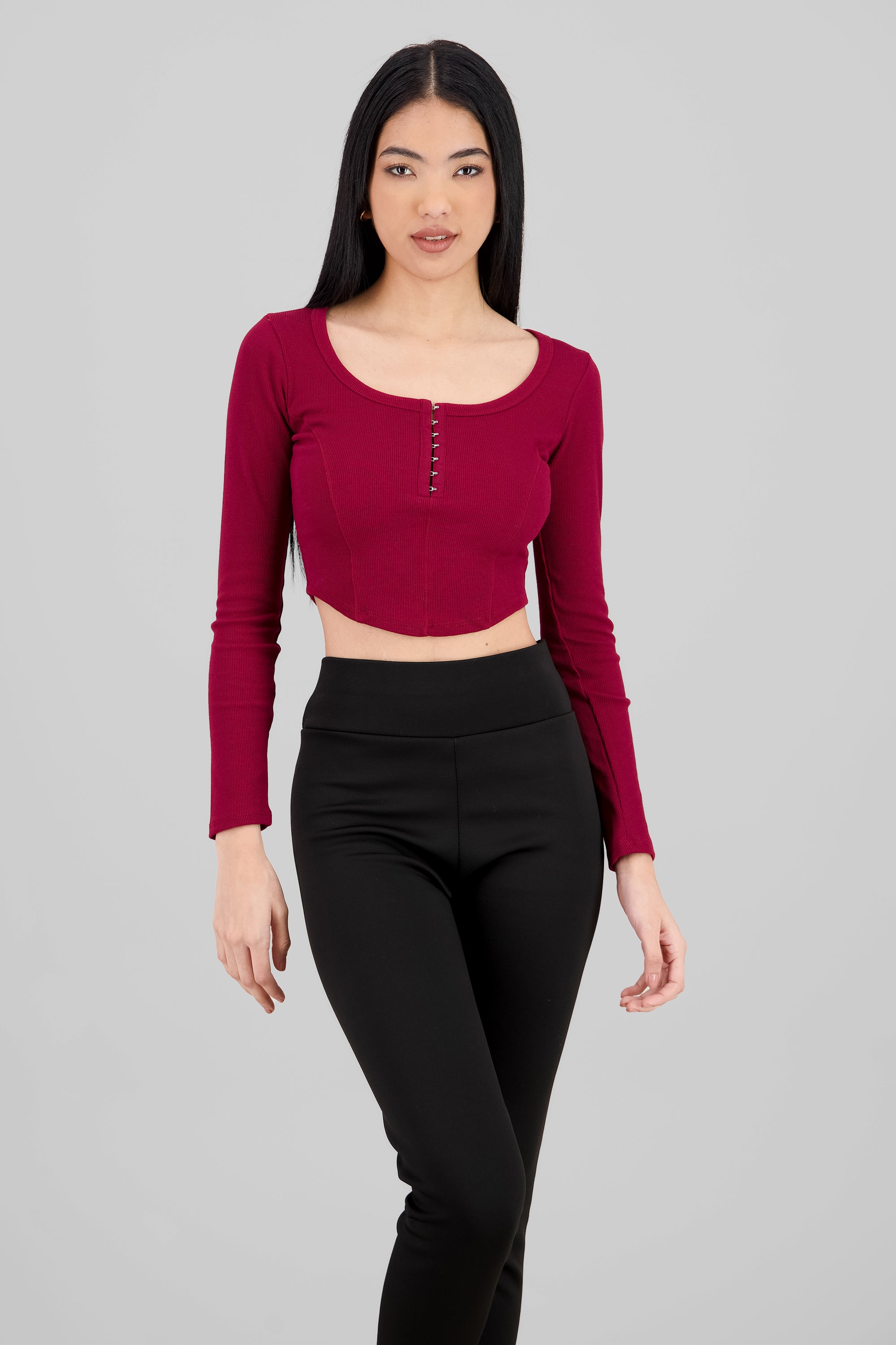 Tops manga larga escote cuadrado con broches ROJO