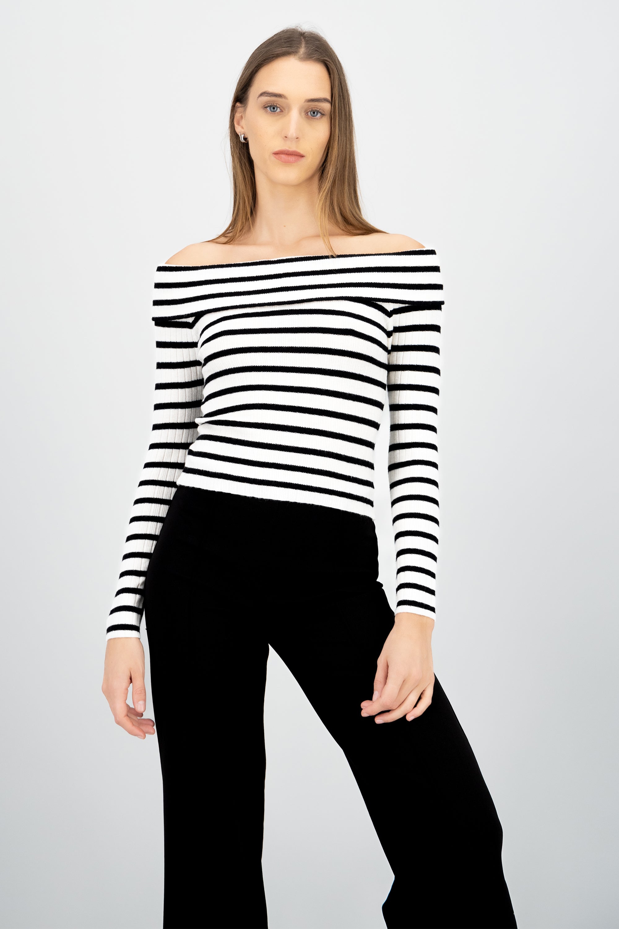 Top rayas off shoulder manga rayas BLANCO COMBO
