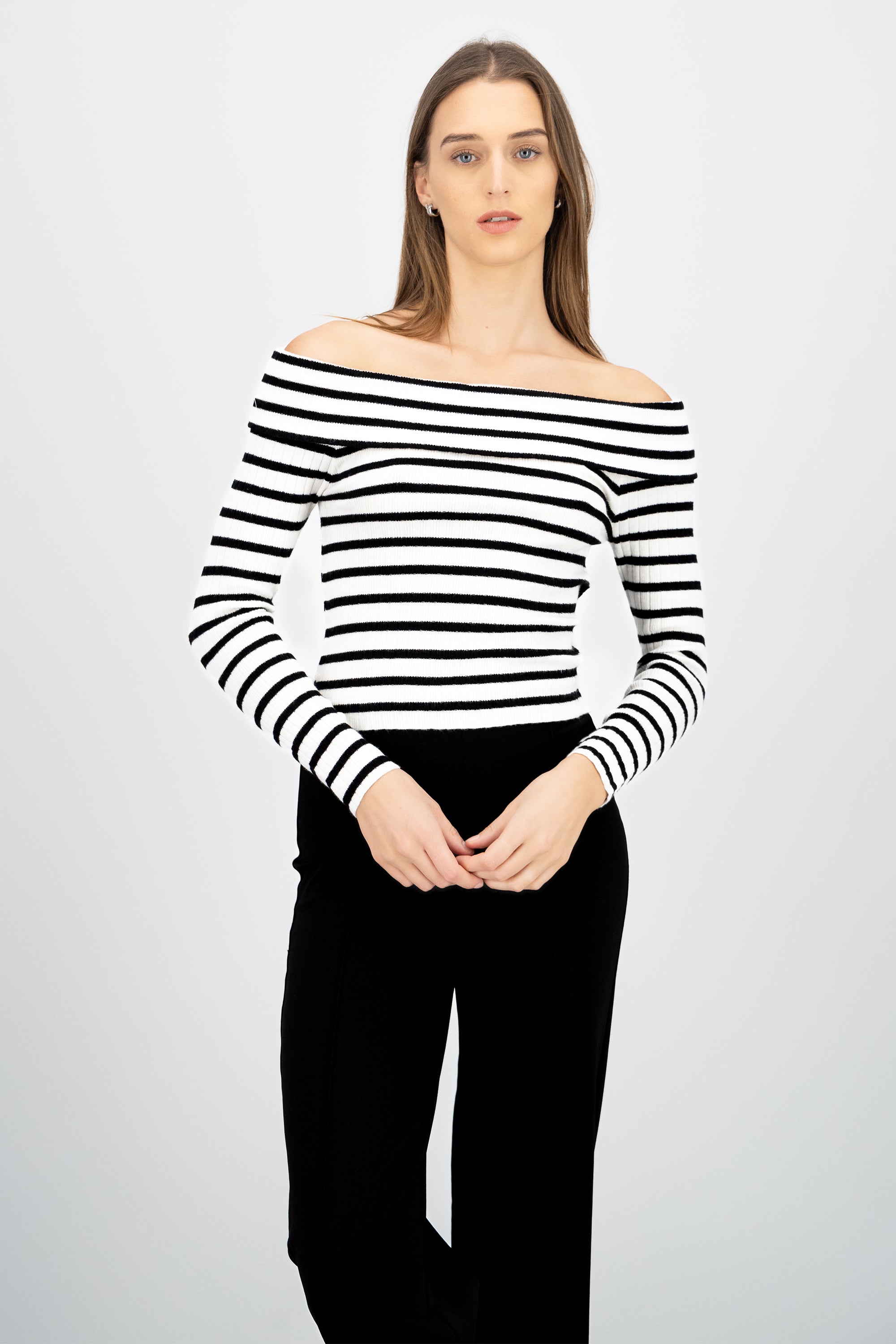 Top rayas off shoulder manga rayas BLANCO COMBO