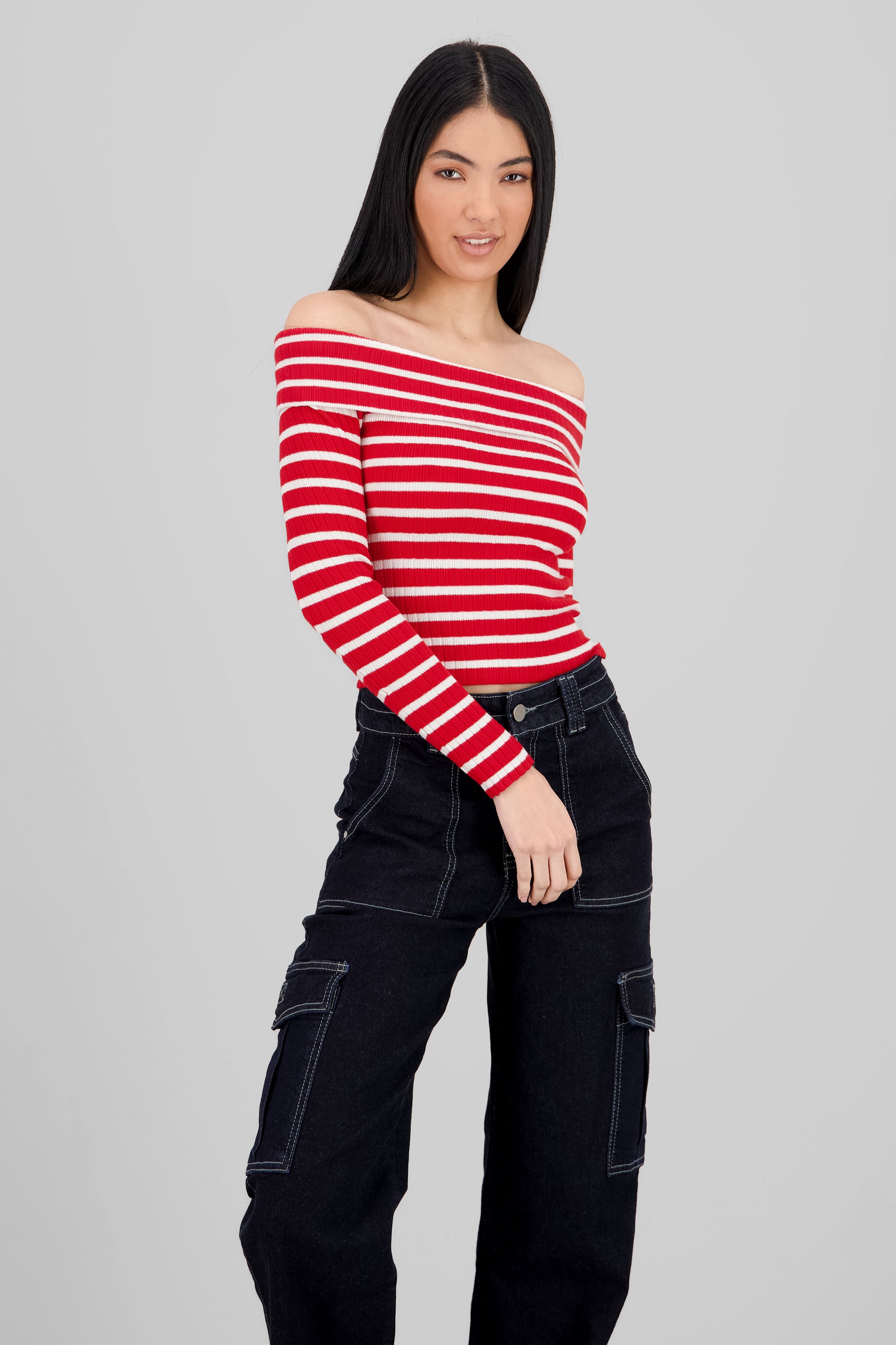 Top rayas off shoulder manga rayas ROJO COMBO