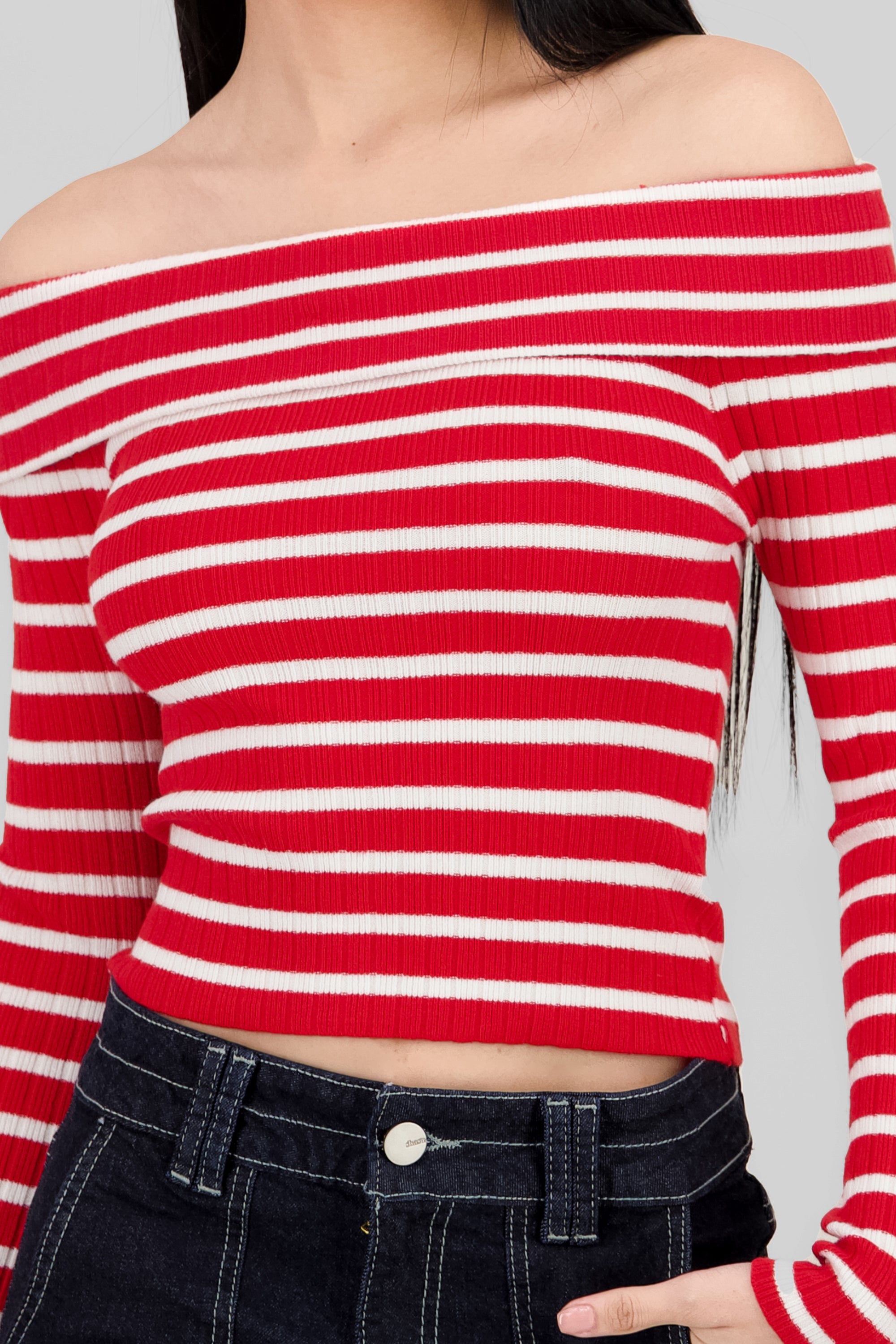 Top rayas off shoulder manga rayas ROJO COMBO
