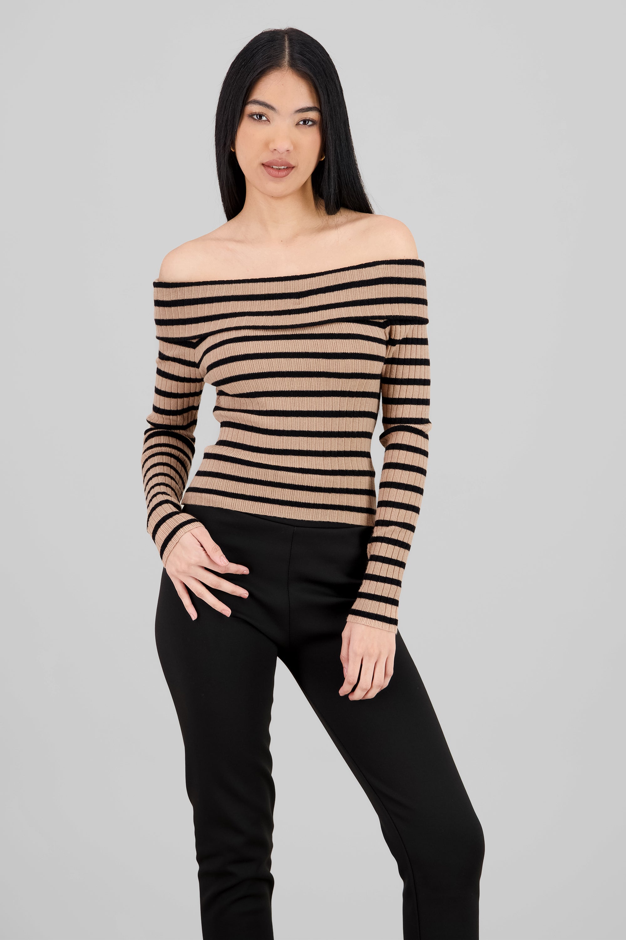 Top rayas off shoulder manga rayas KHAKI COMBO