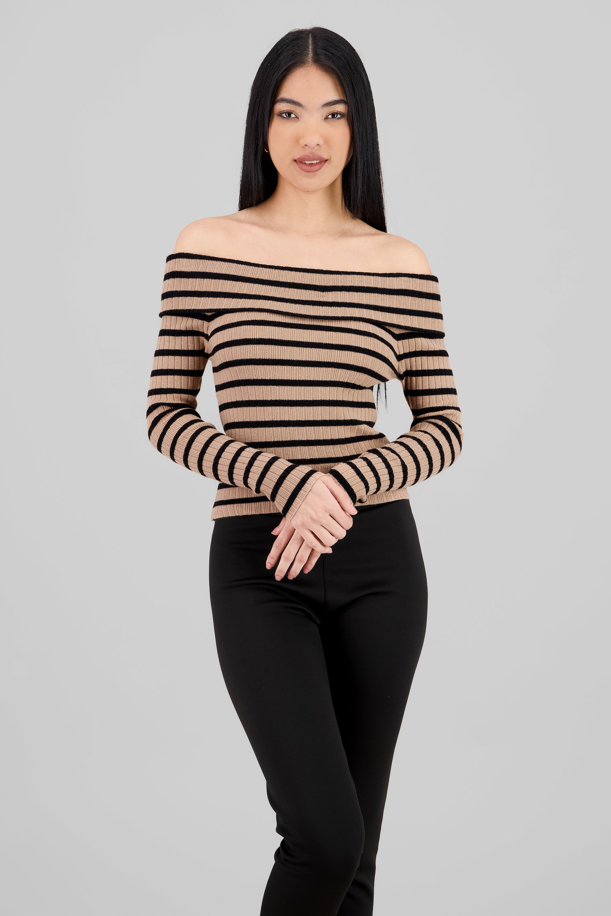 Top rayas off shoulder manga rayas KHAKI COMBO