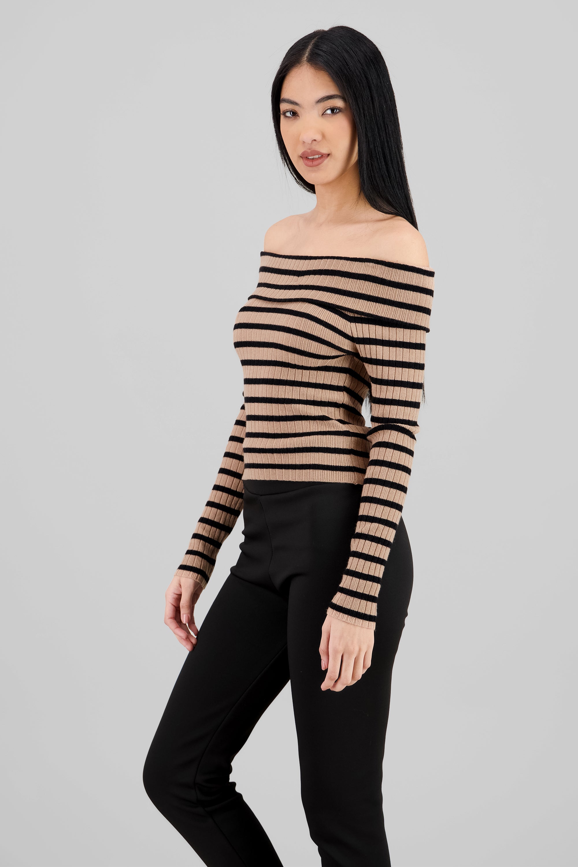 Top rayas off shoulder manga rayas KHAKI COMBO