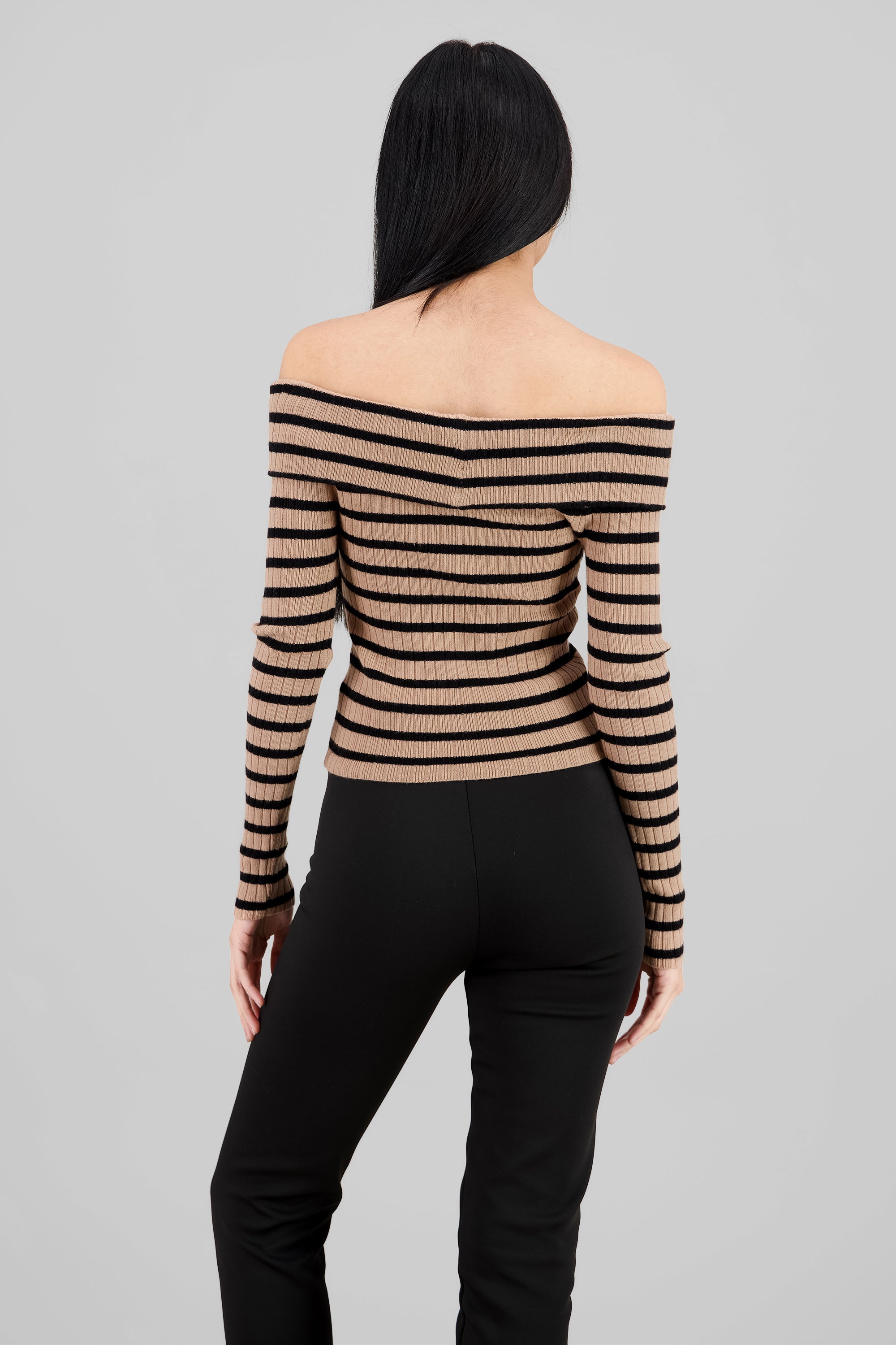 Top rayas off shoulder manga rayas KHAKI COMBO