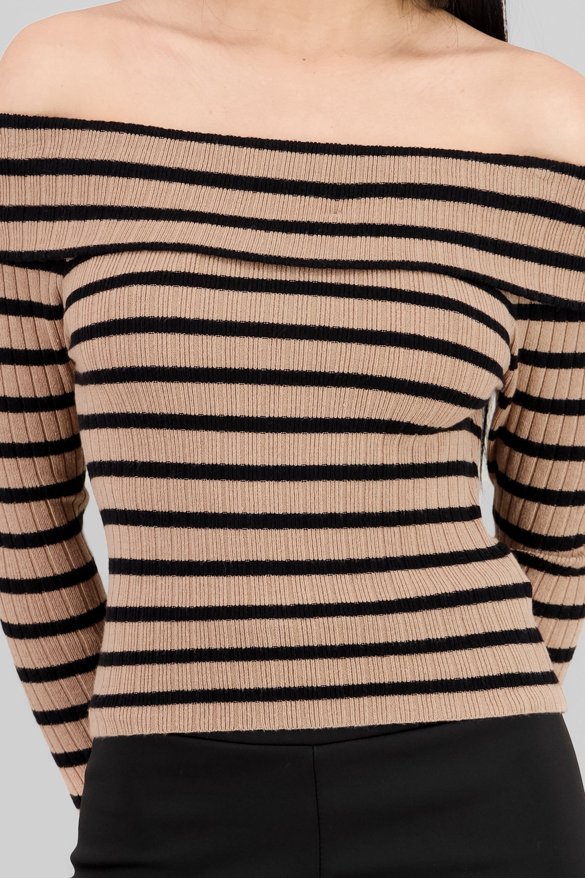 Top rayas off shoulder manga rayas KHAKI COMBO