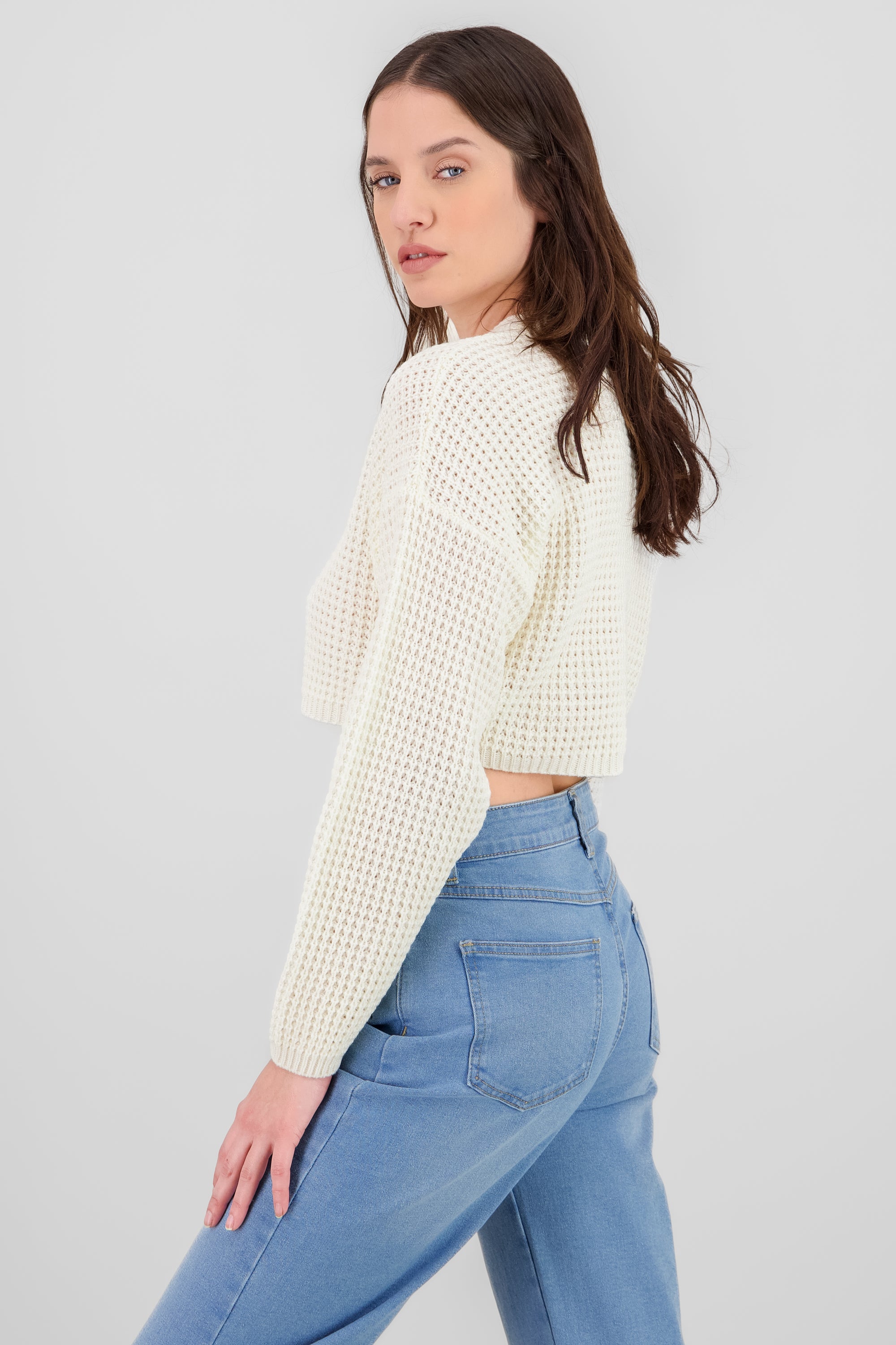 Sueter tejido ancho crop HUESO