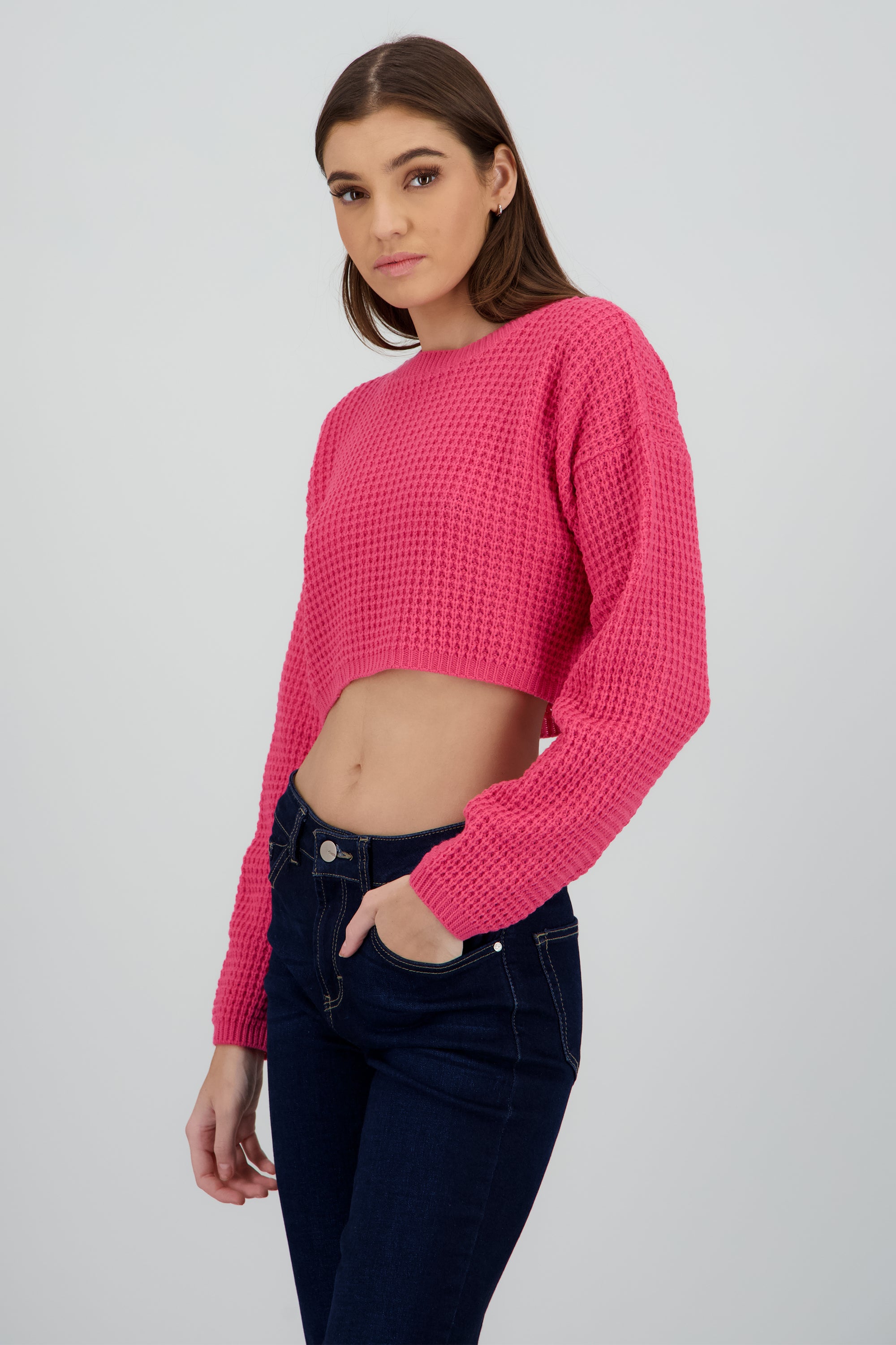 Sueter tejido ancho crop ROSA BRILLANTE