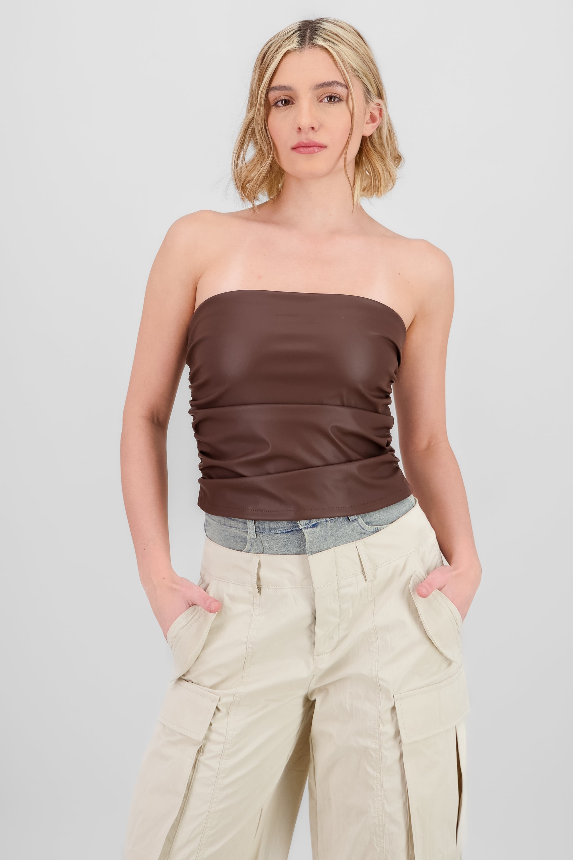 Top strapless drapeado efecto piel CAFE