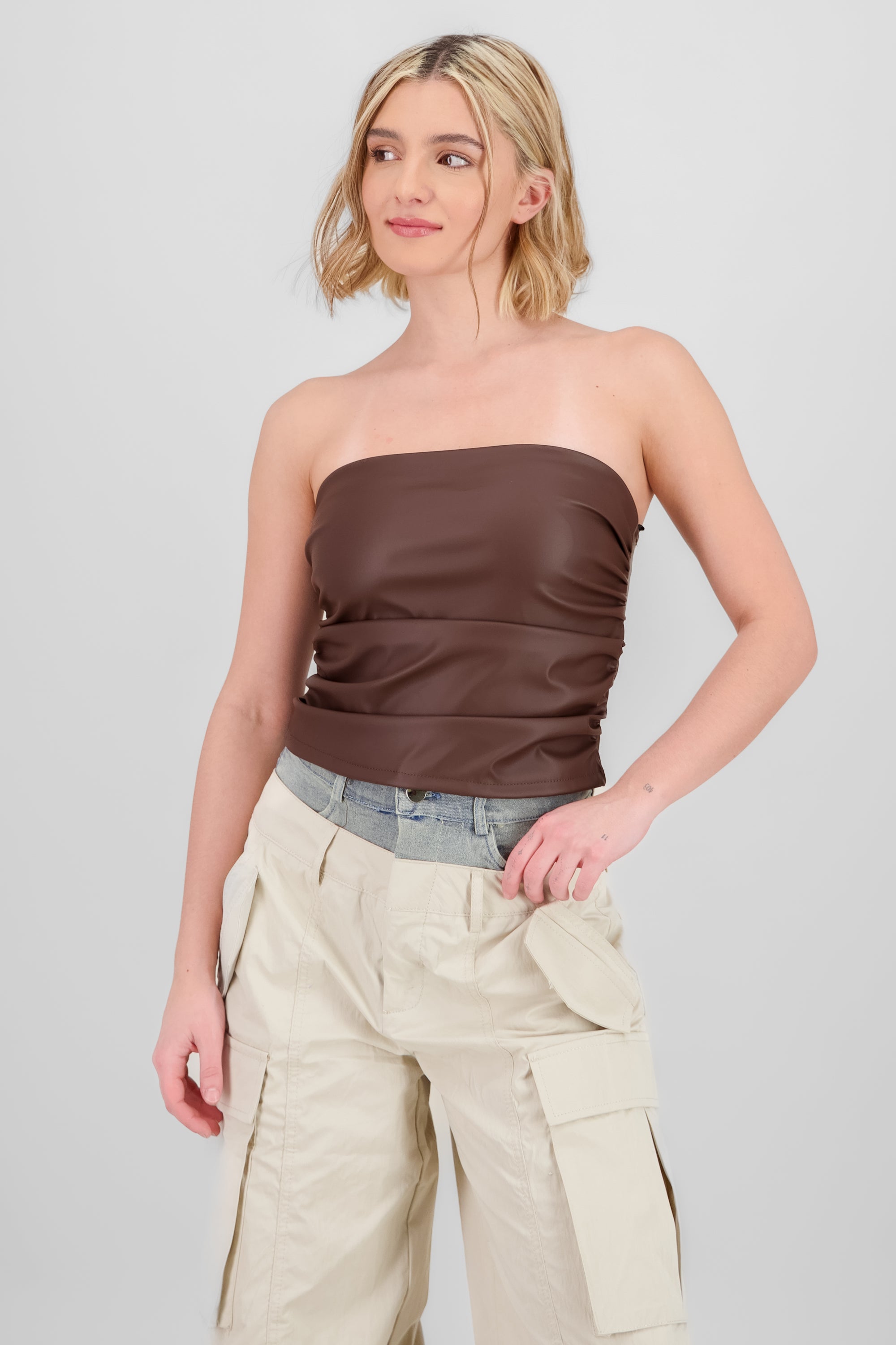 Top strapless drapeado efecto piel CAFE