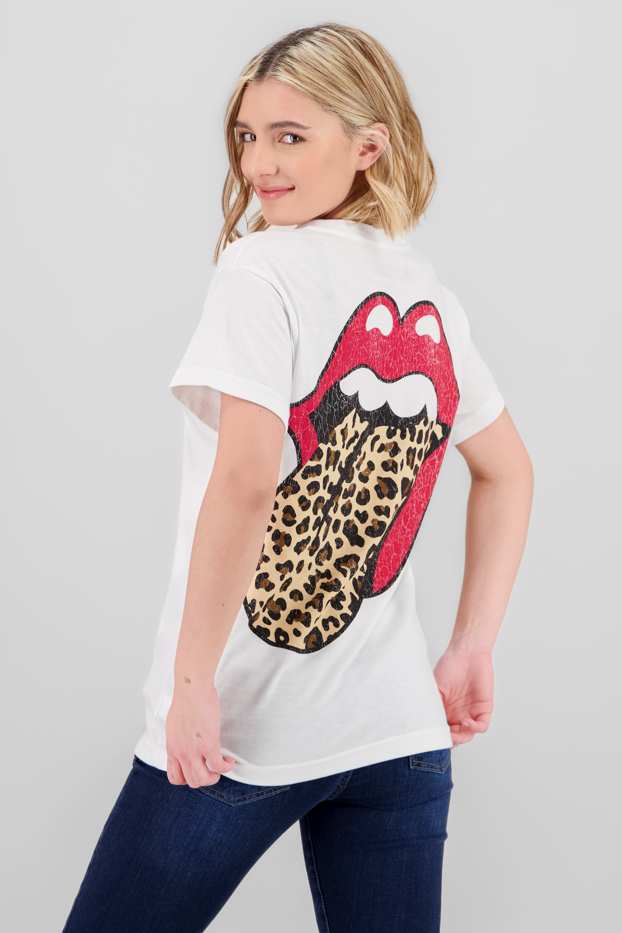 Playera Rolling Stones animal print frente espalda BLANCO