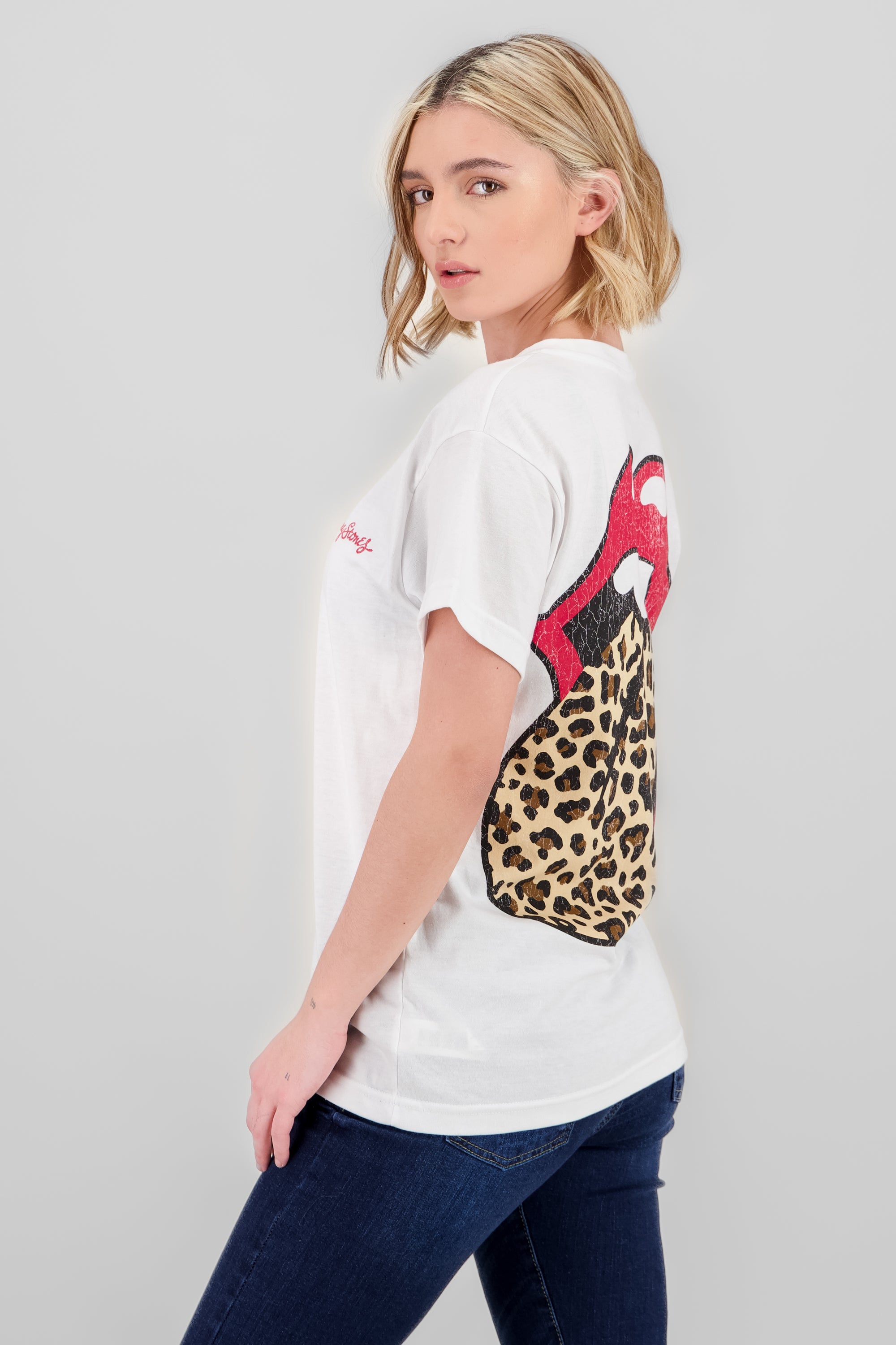 Playera Rolling Stones animal print frente espalda BLANCO