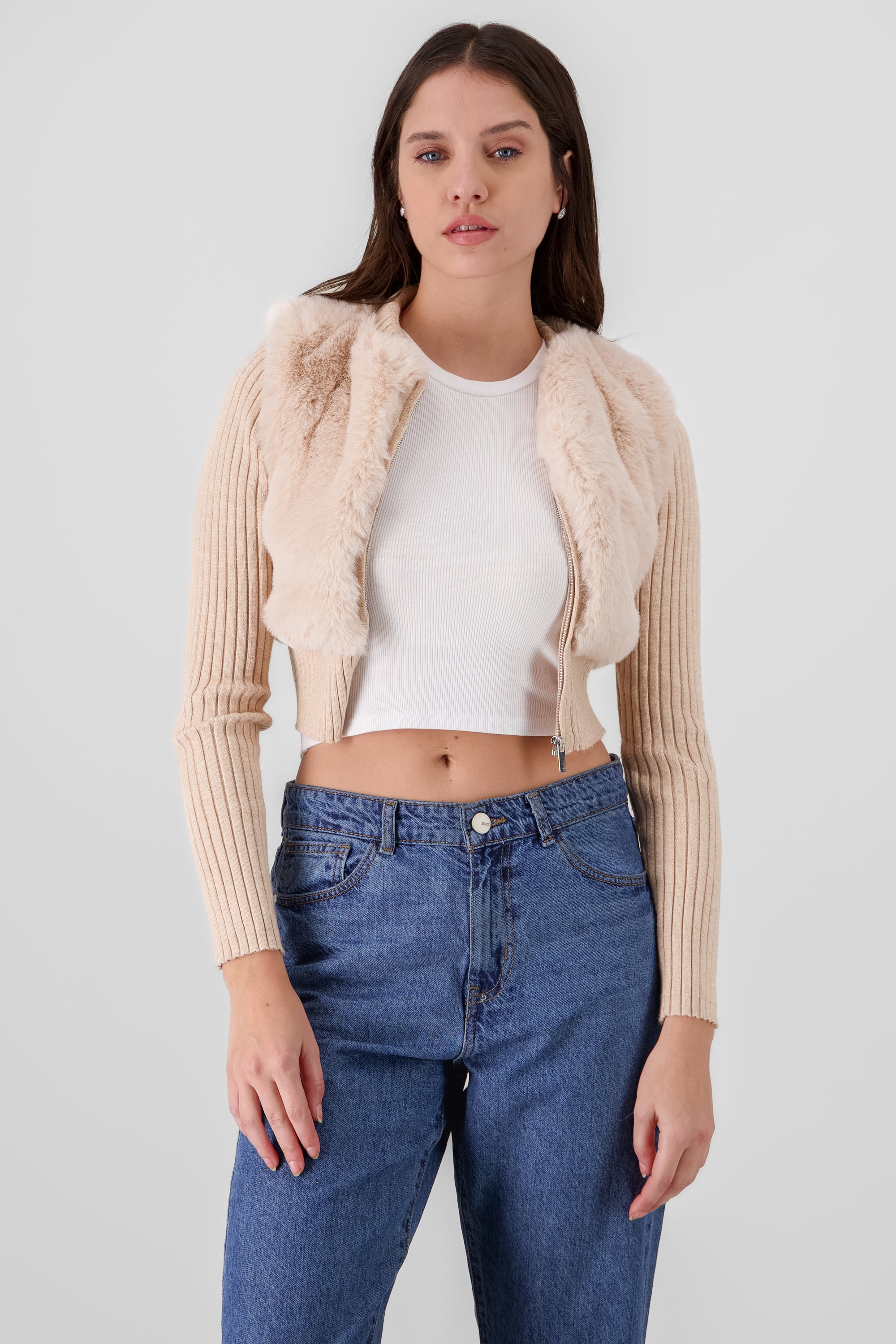 Chaqueta peluche con mangas rib BEIGE