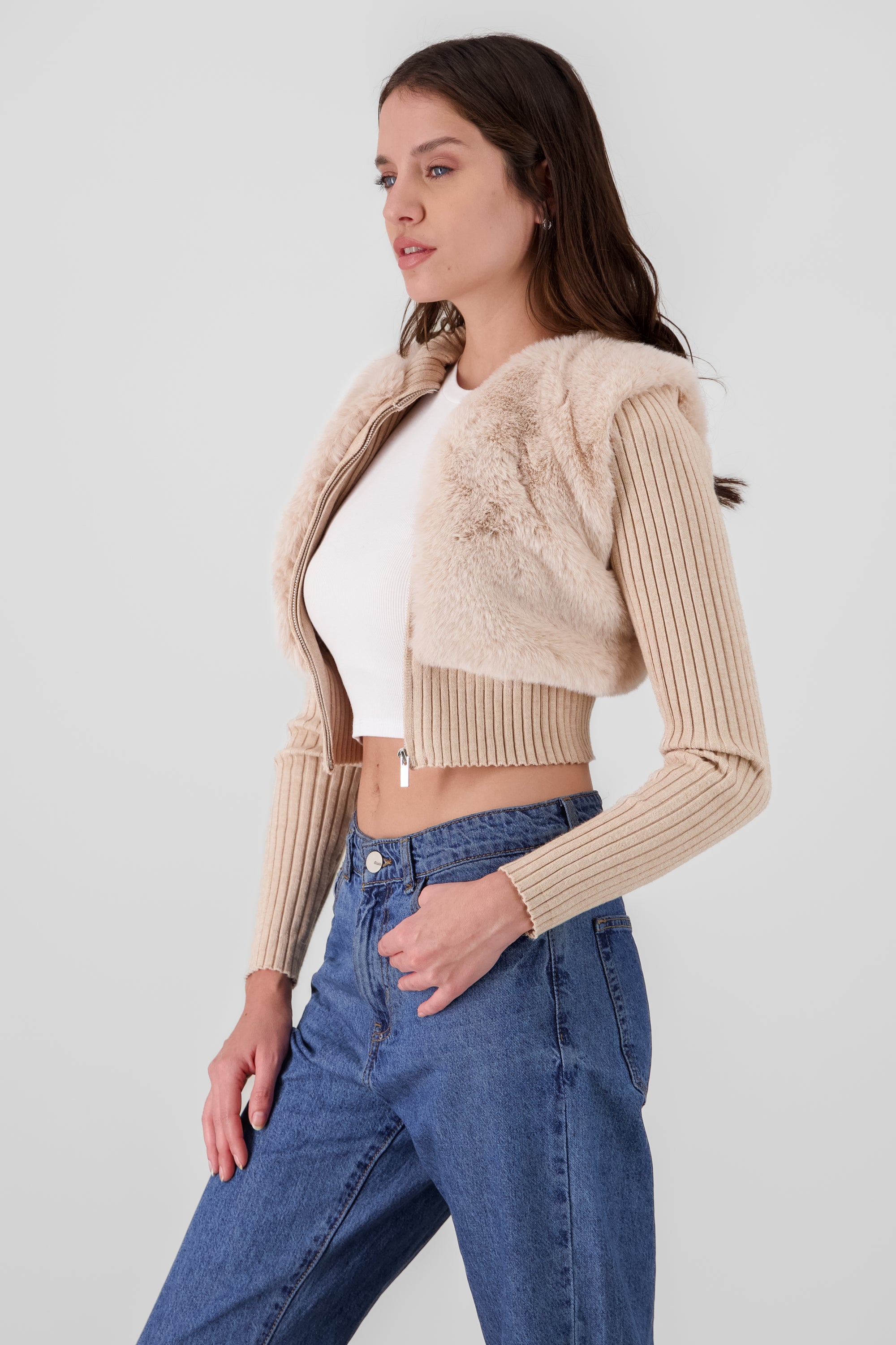 Chaqueta peluche con mangas rib BEIGE