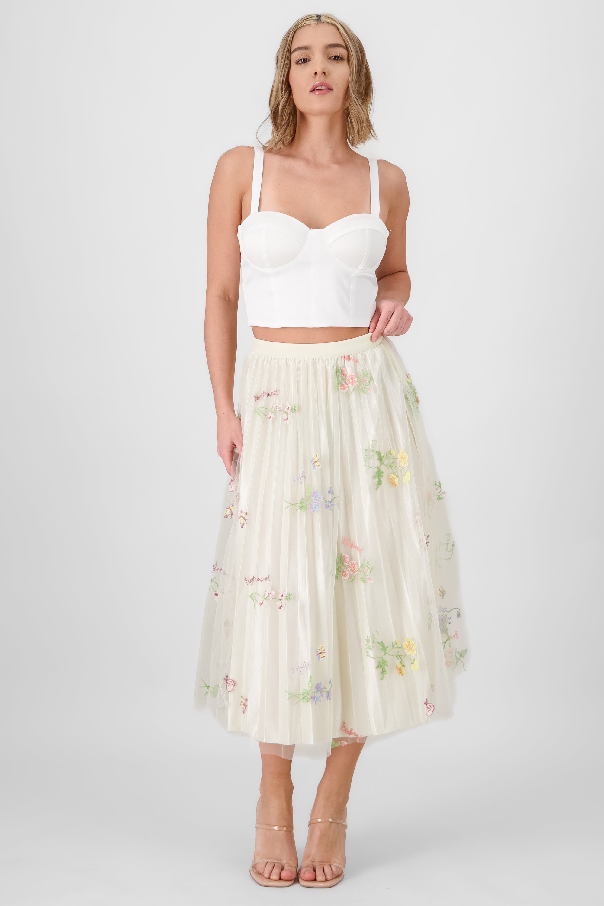 Falda midi plisada flores CREMA