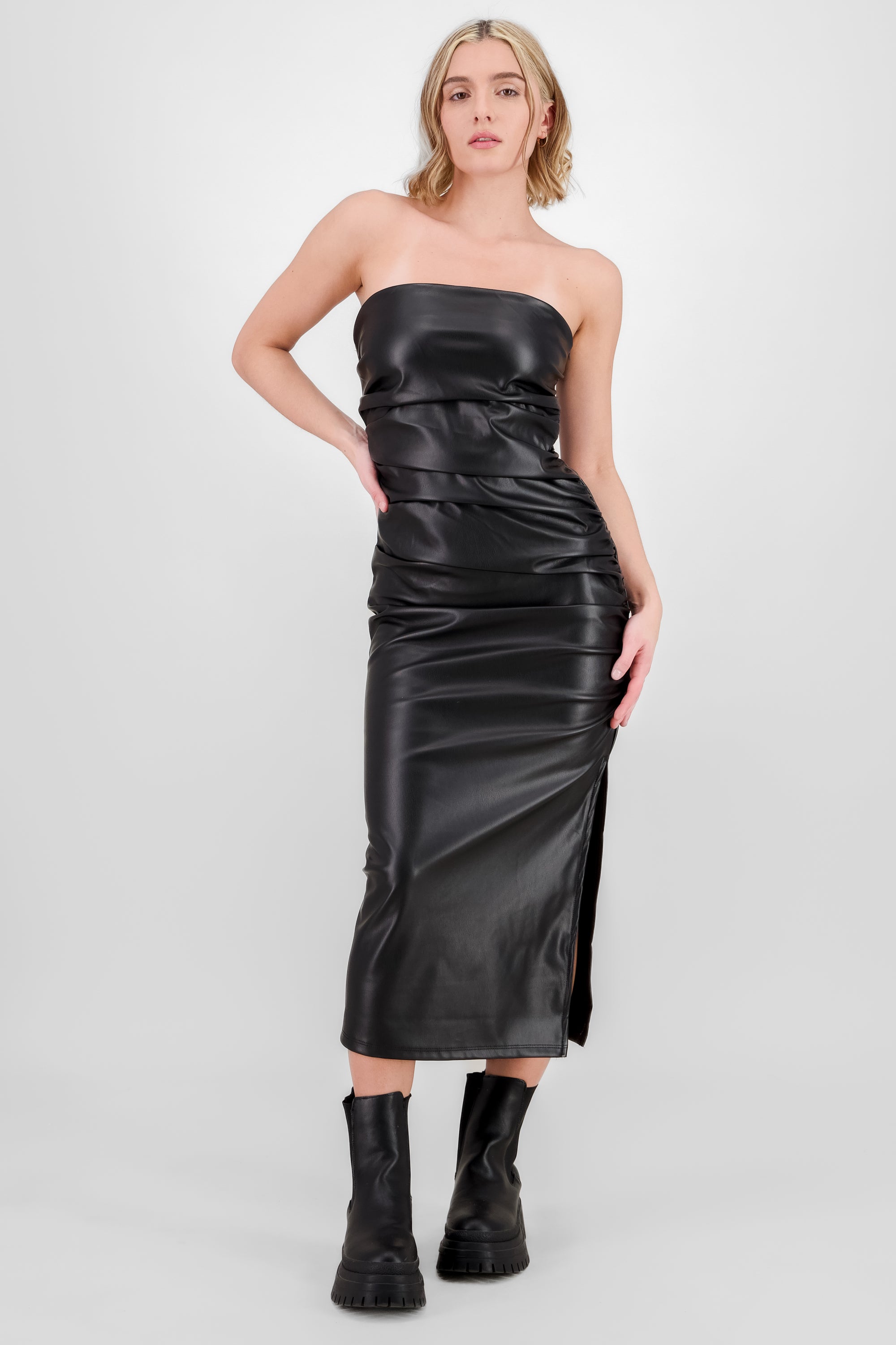 Vestido midi drapeado efecto piel NEGRO