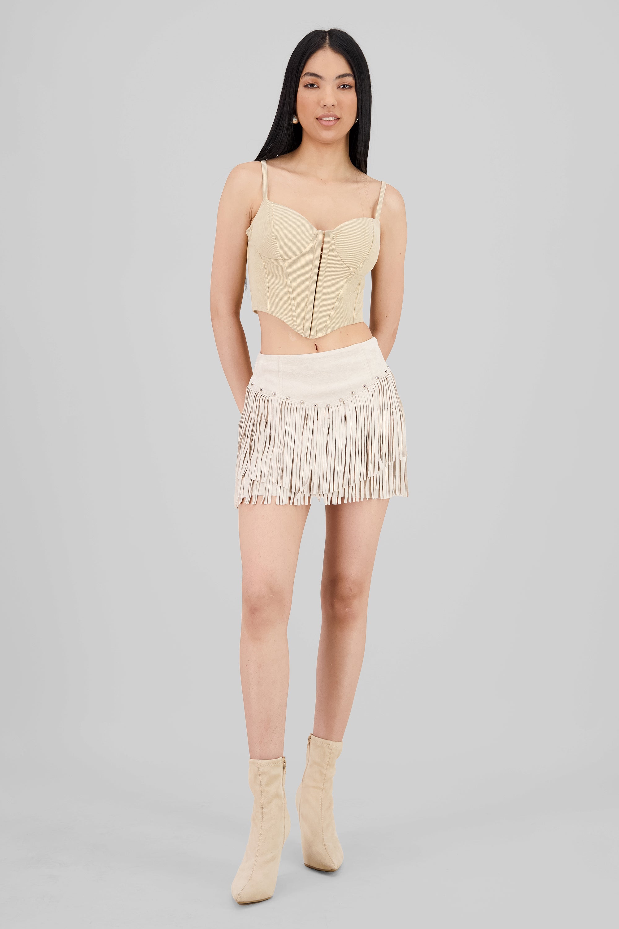 Falda suede lisa con flecos CREMA