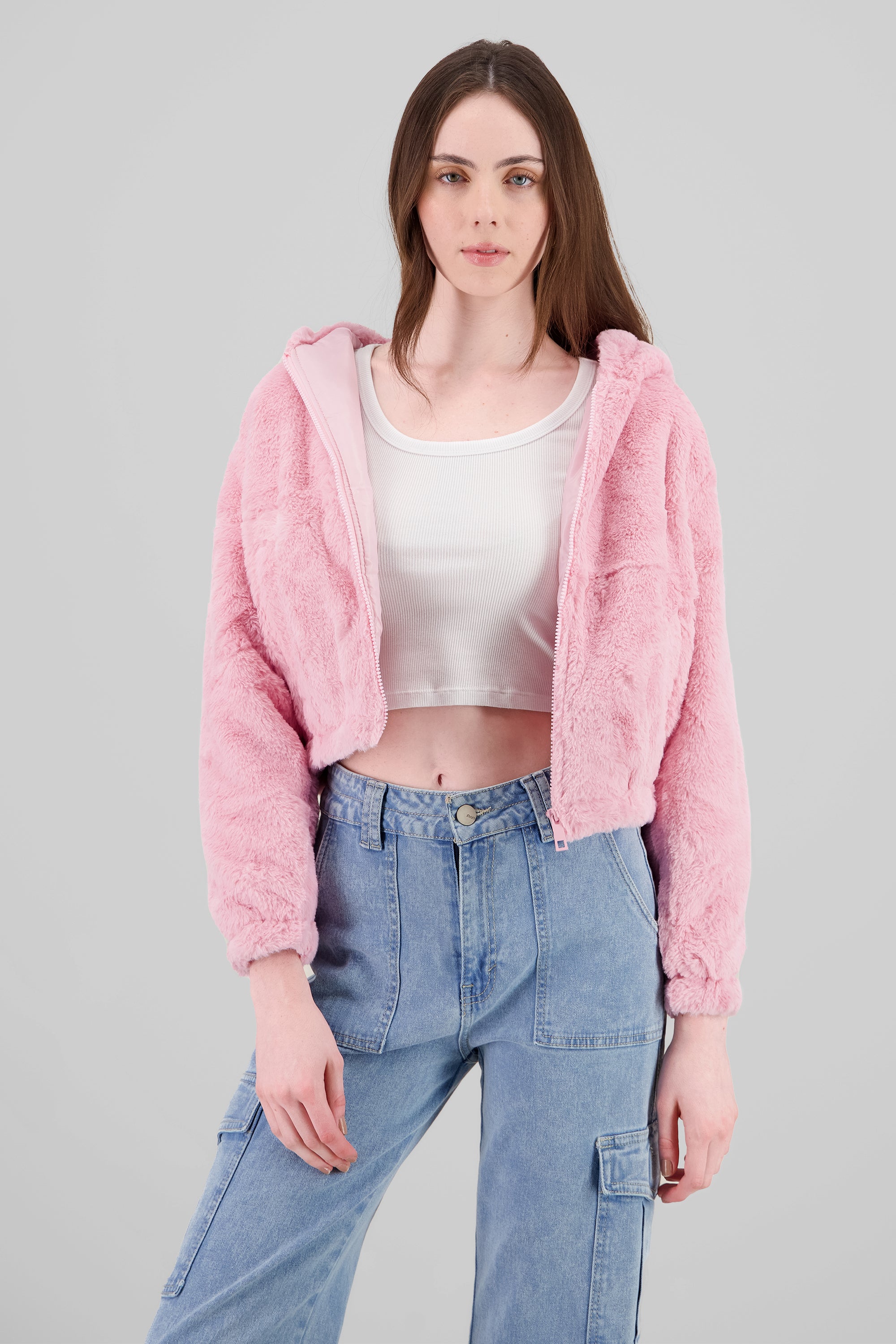 Chamarra crop peluche ROSA