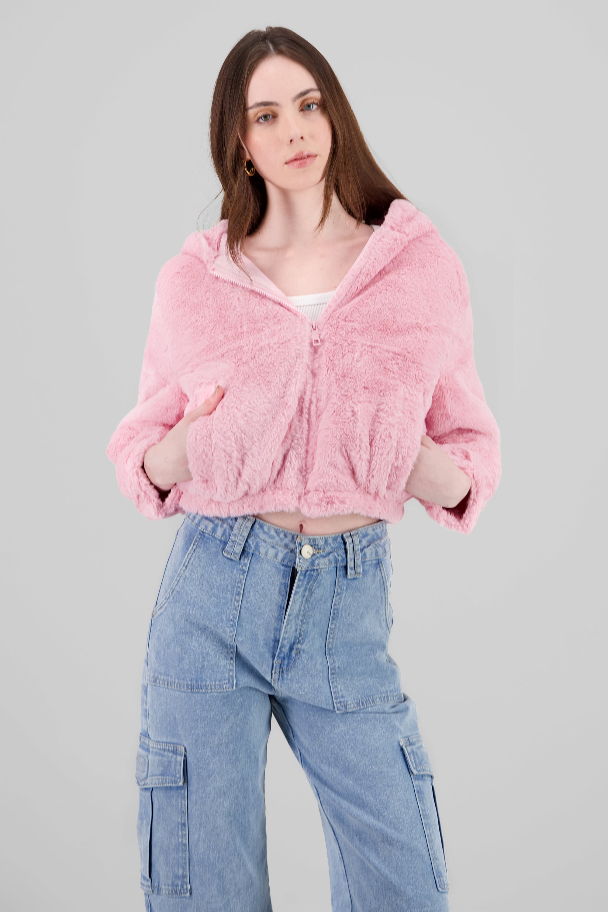 Chamarra crop peluche ROSA