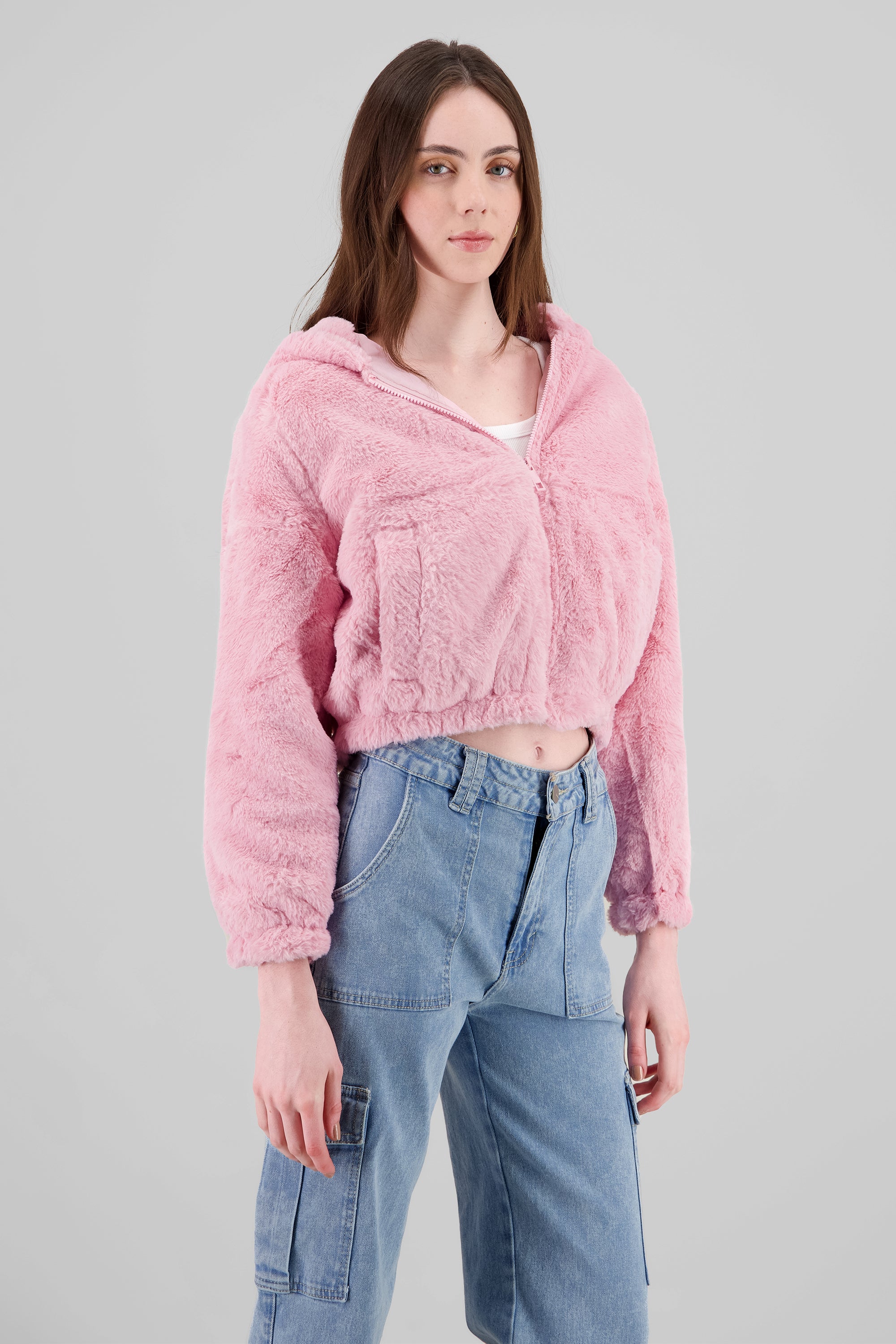 Chamarra crop peluche ROSA