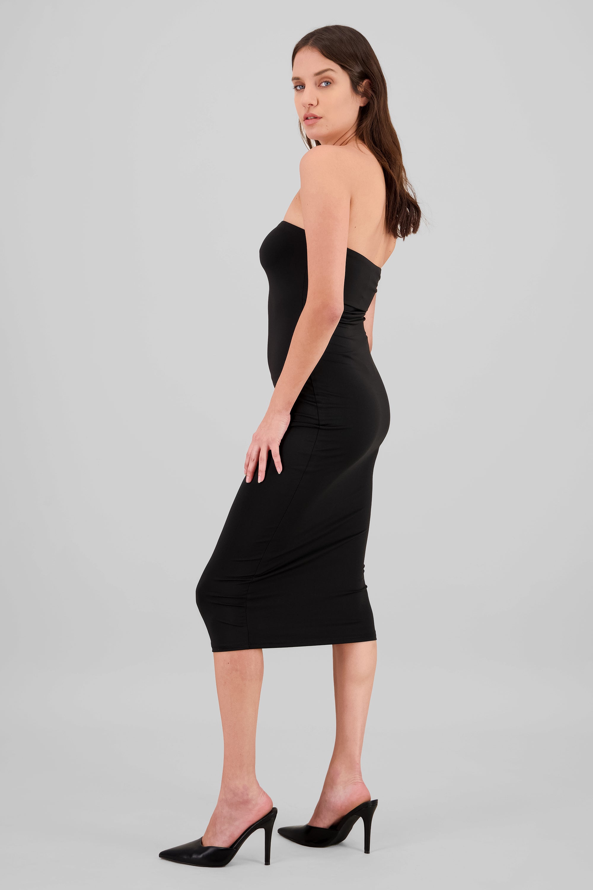 Vestido midi doble tela strapless NEGRO