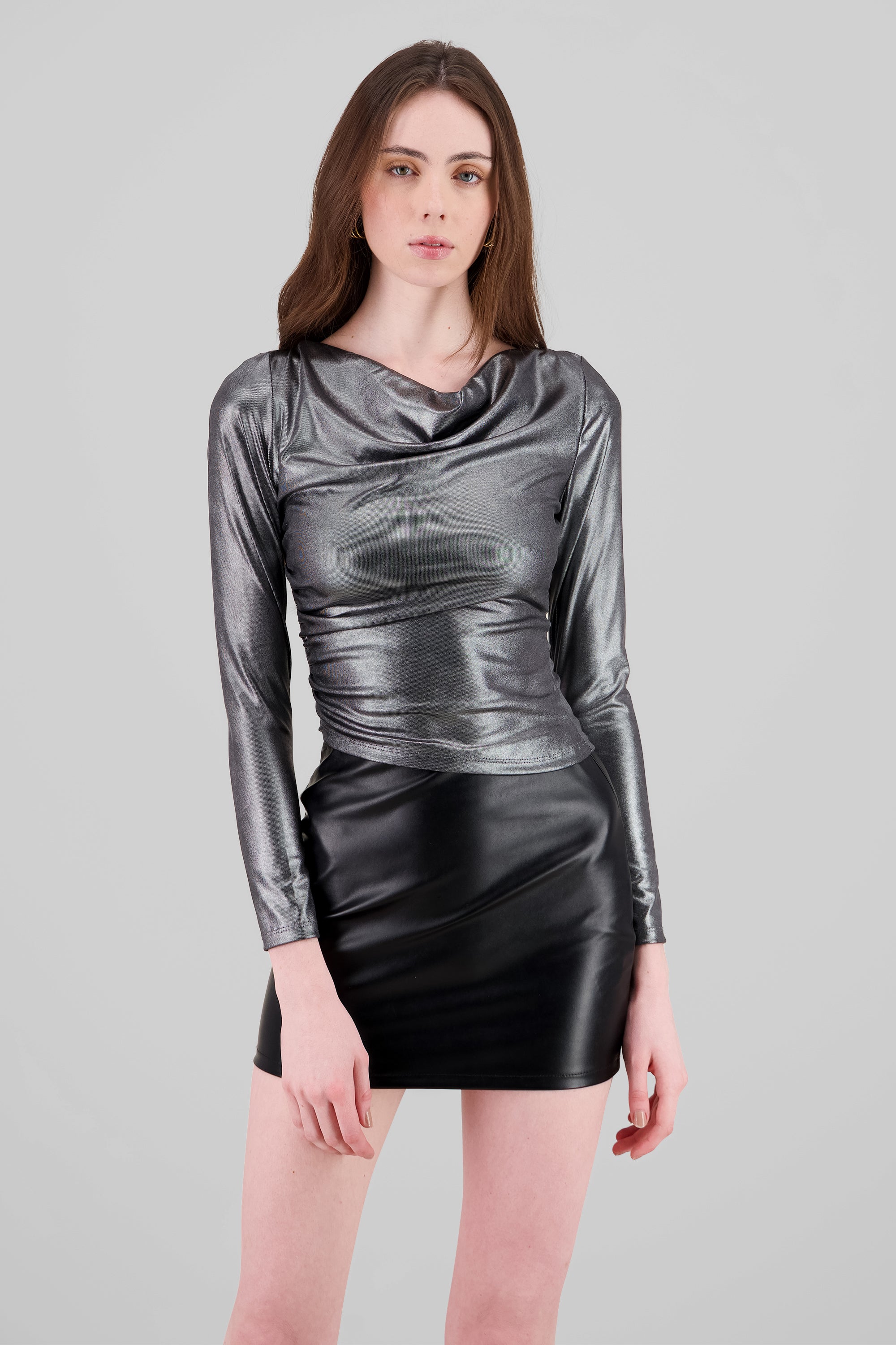 Top escote cascada m/l metalico PLATA