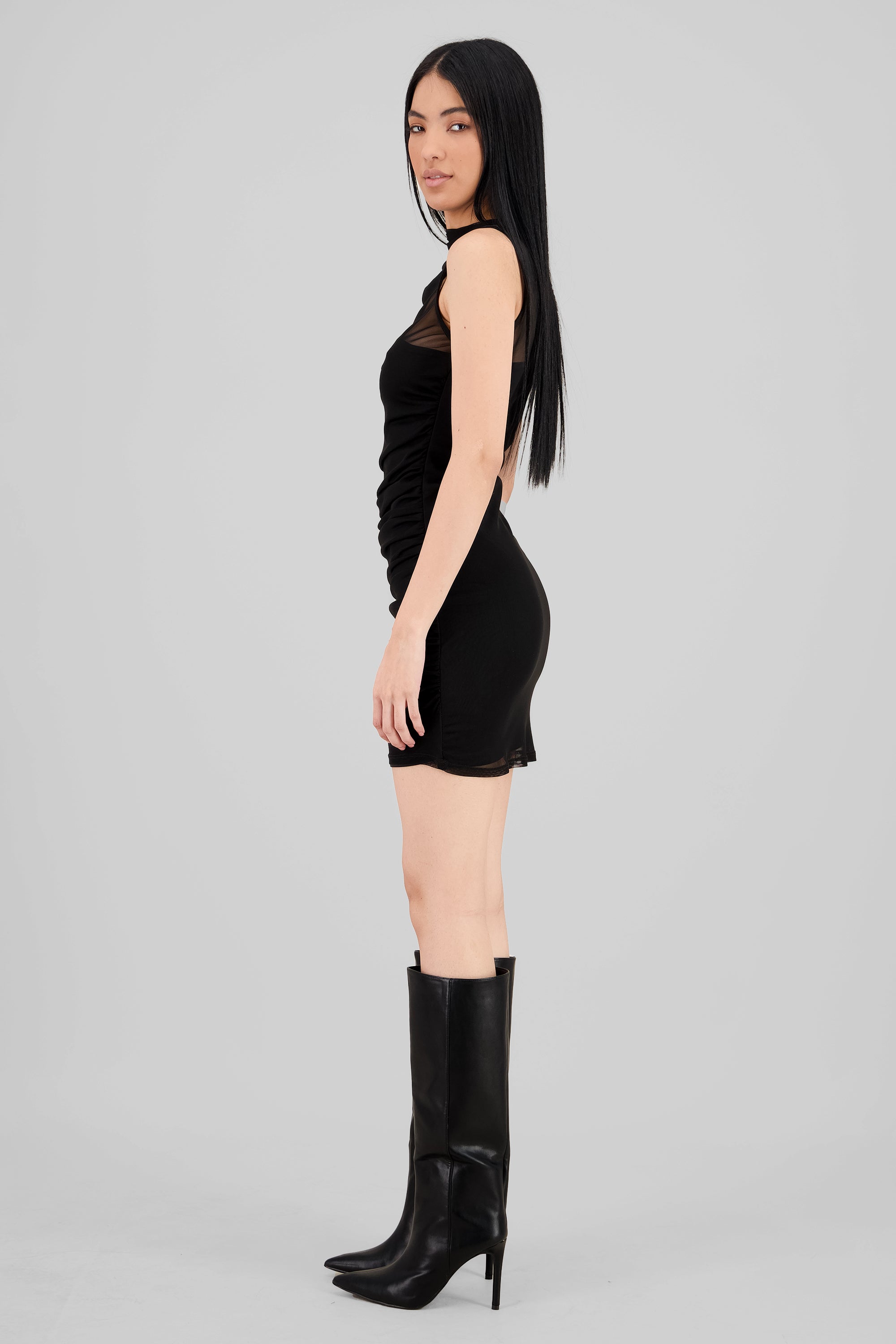 Vestido mesh drapeado sin mangas NEGRO