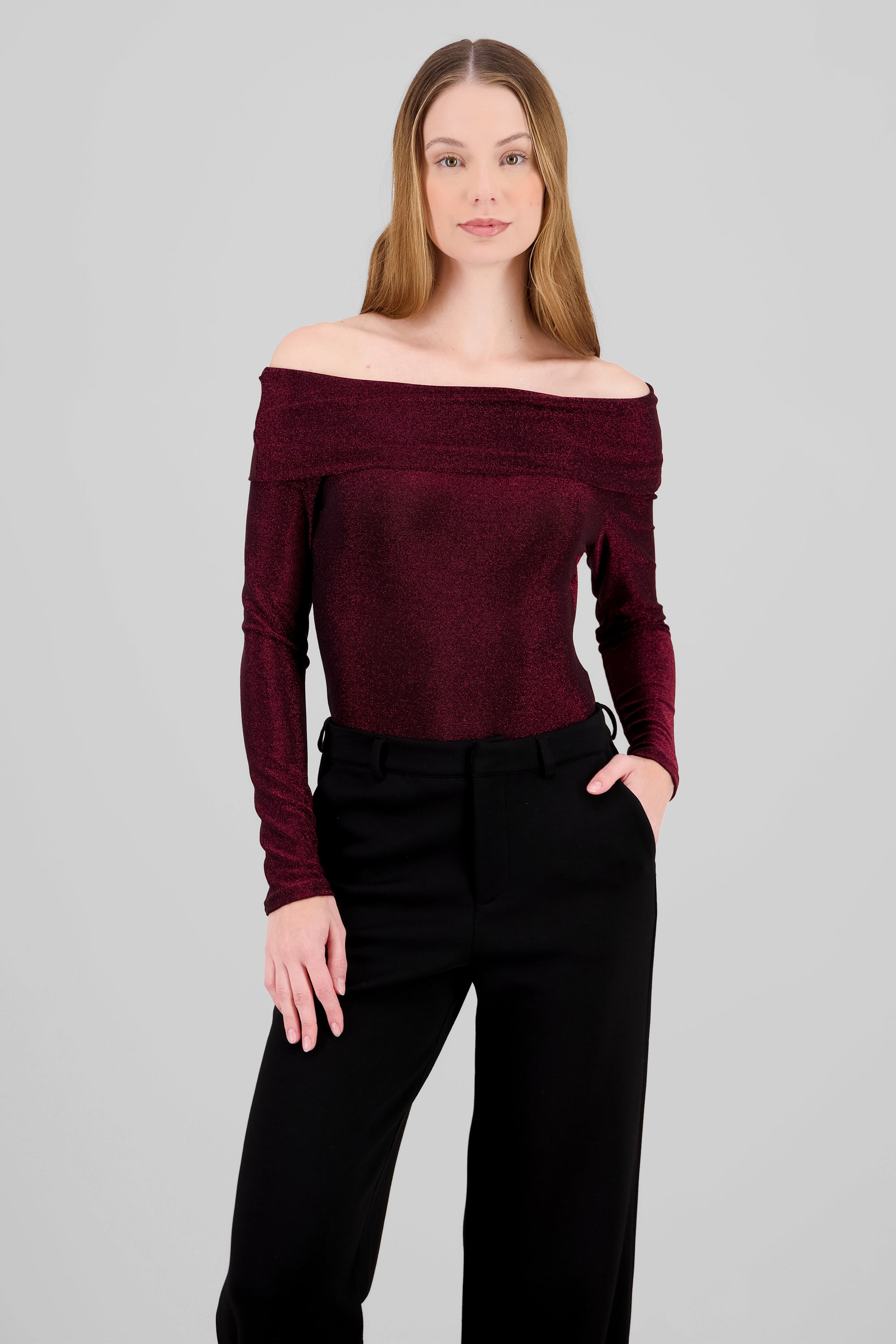 Bodysuite manga larga off shoulder brillos CIRUELA