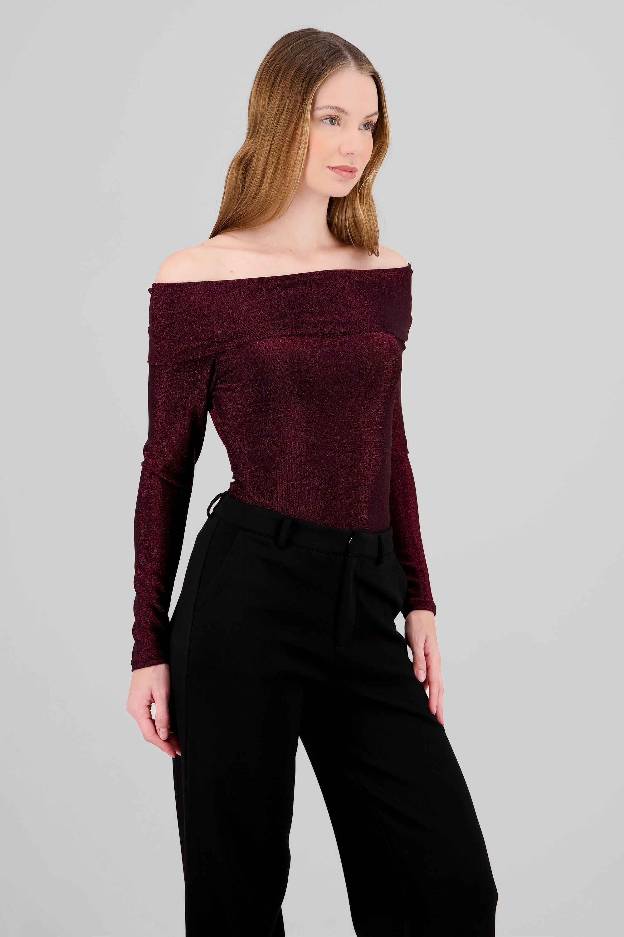 Bodysuite manga larga off shoulder brillos CIRUELA