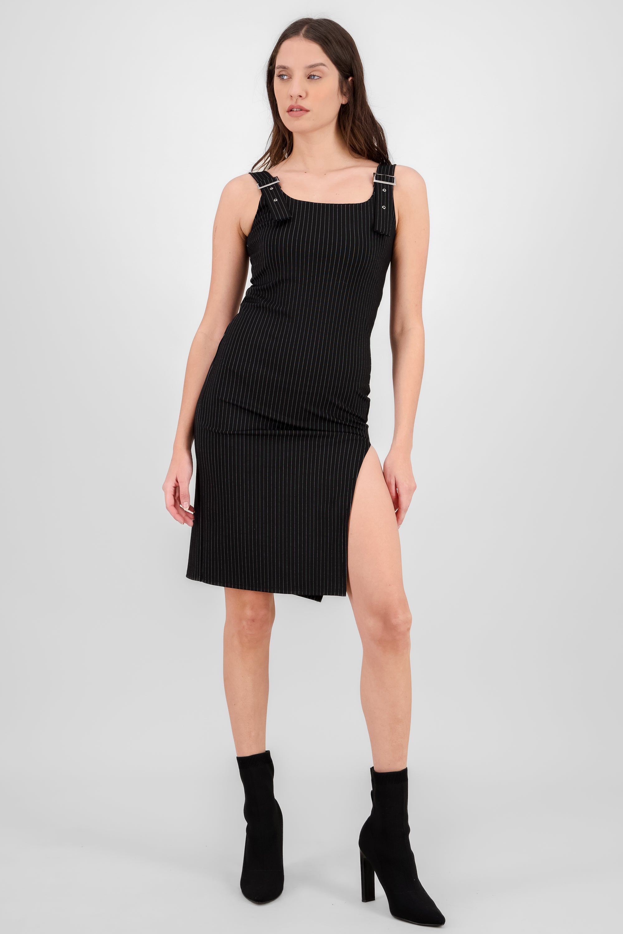 Vestido midi rayas abertura detalle tirante Hyps NEGRO COMBO