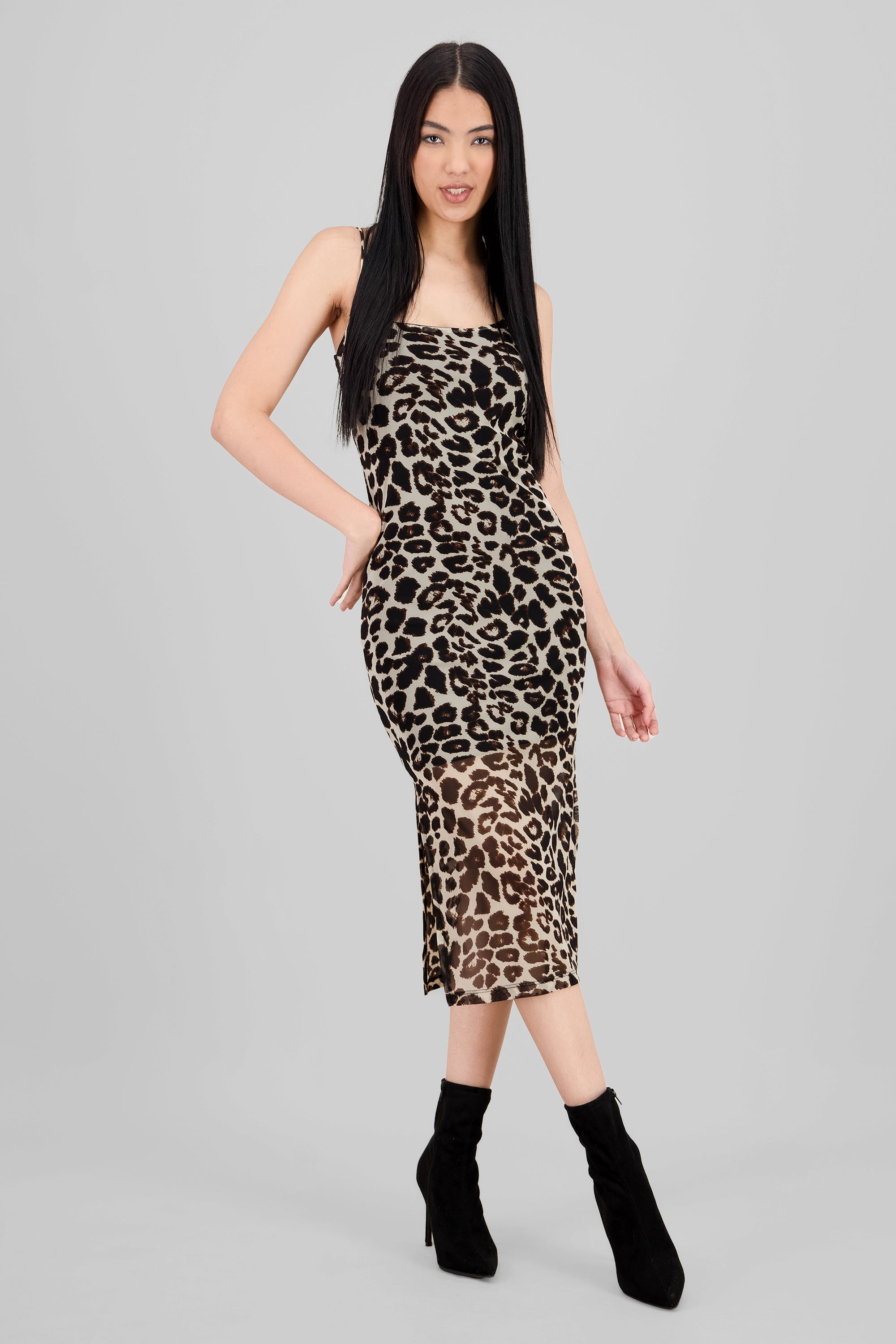 Vestido tirantes mesh animal print CAFE COMBO