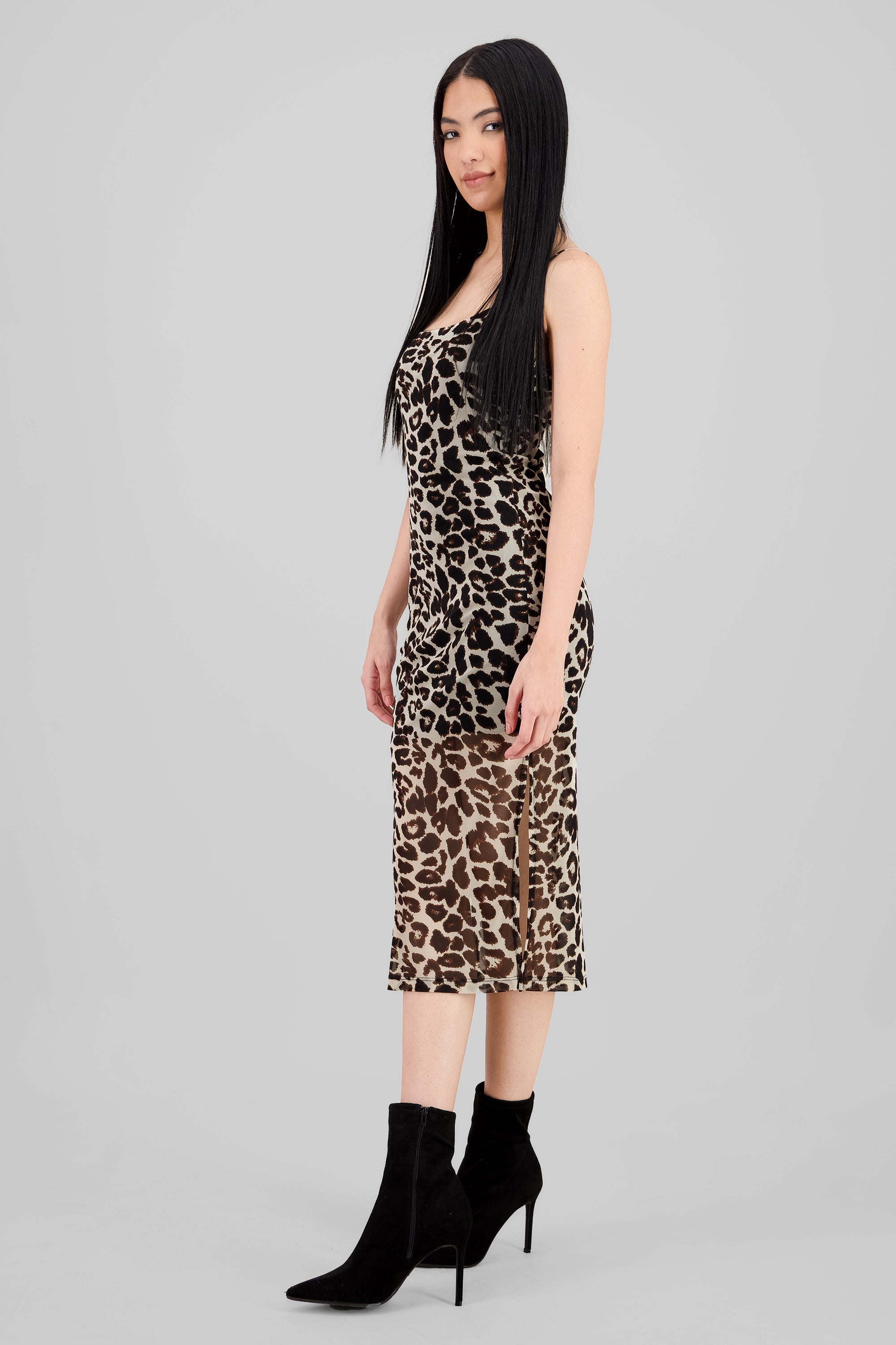 Vestido tirantes mesh animal print CAFE COMBO