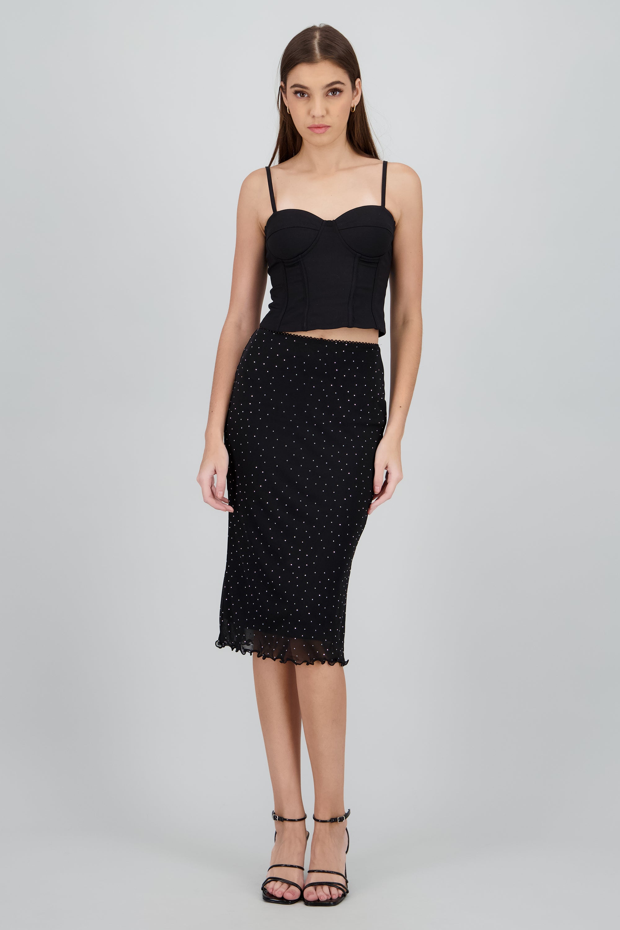Falda midi mesh con brillos NEGRO