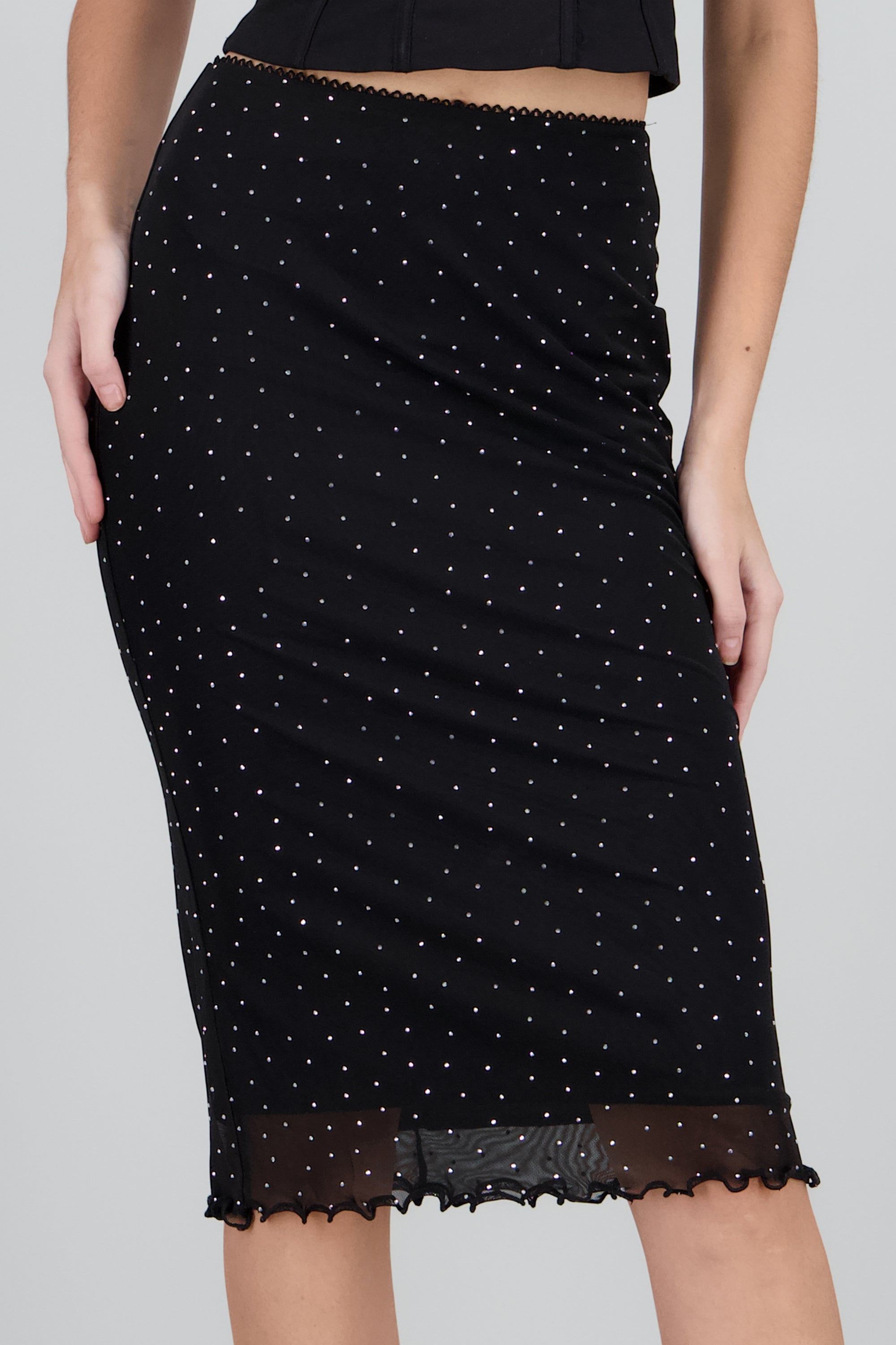 Falda midi mesh con brillos NEGRO