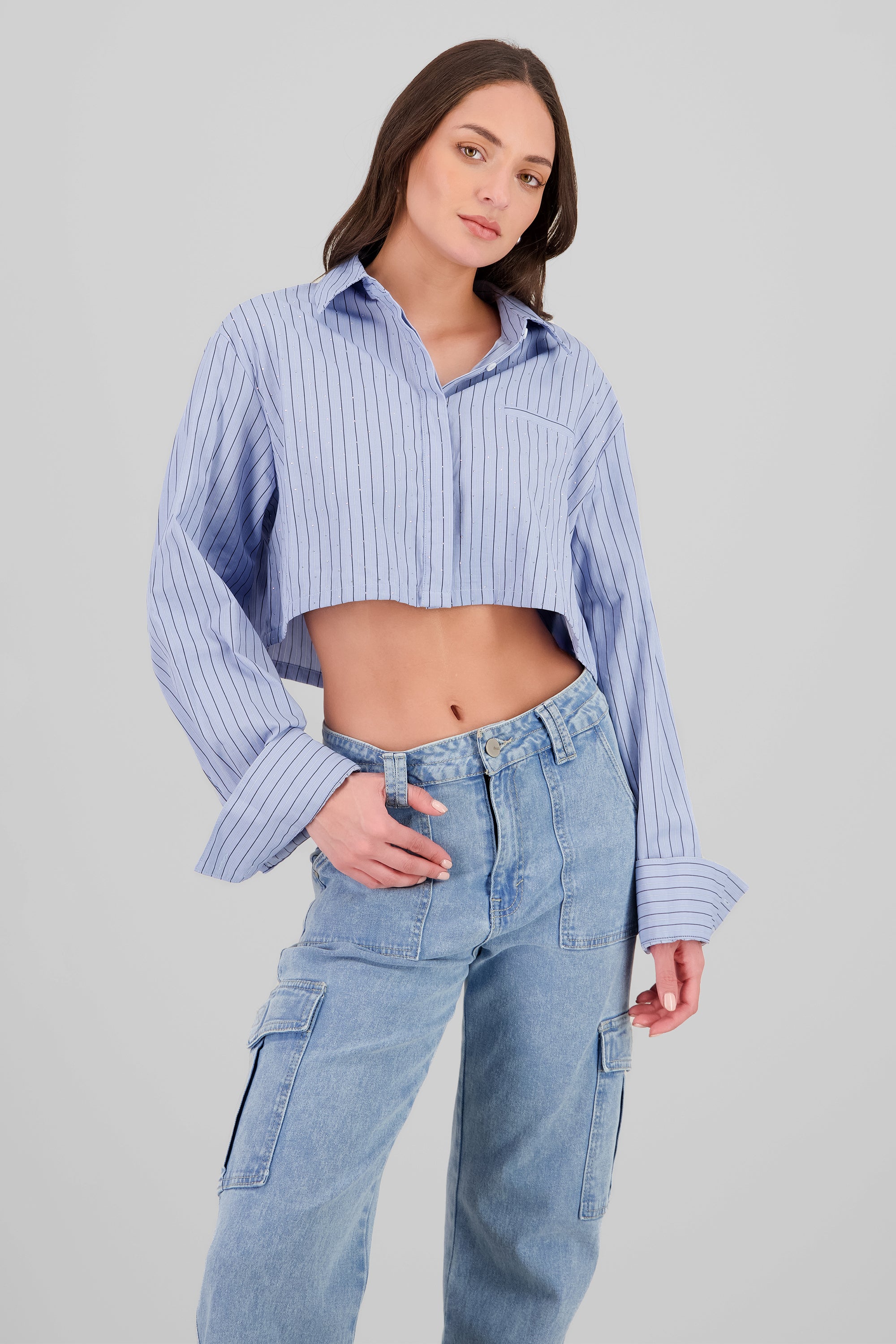 Camisa crop a rayas con brillos AZUL COMBO