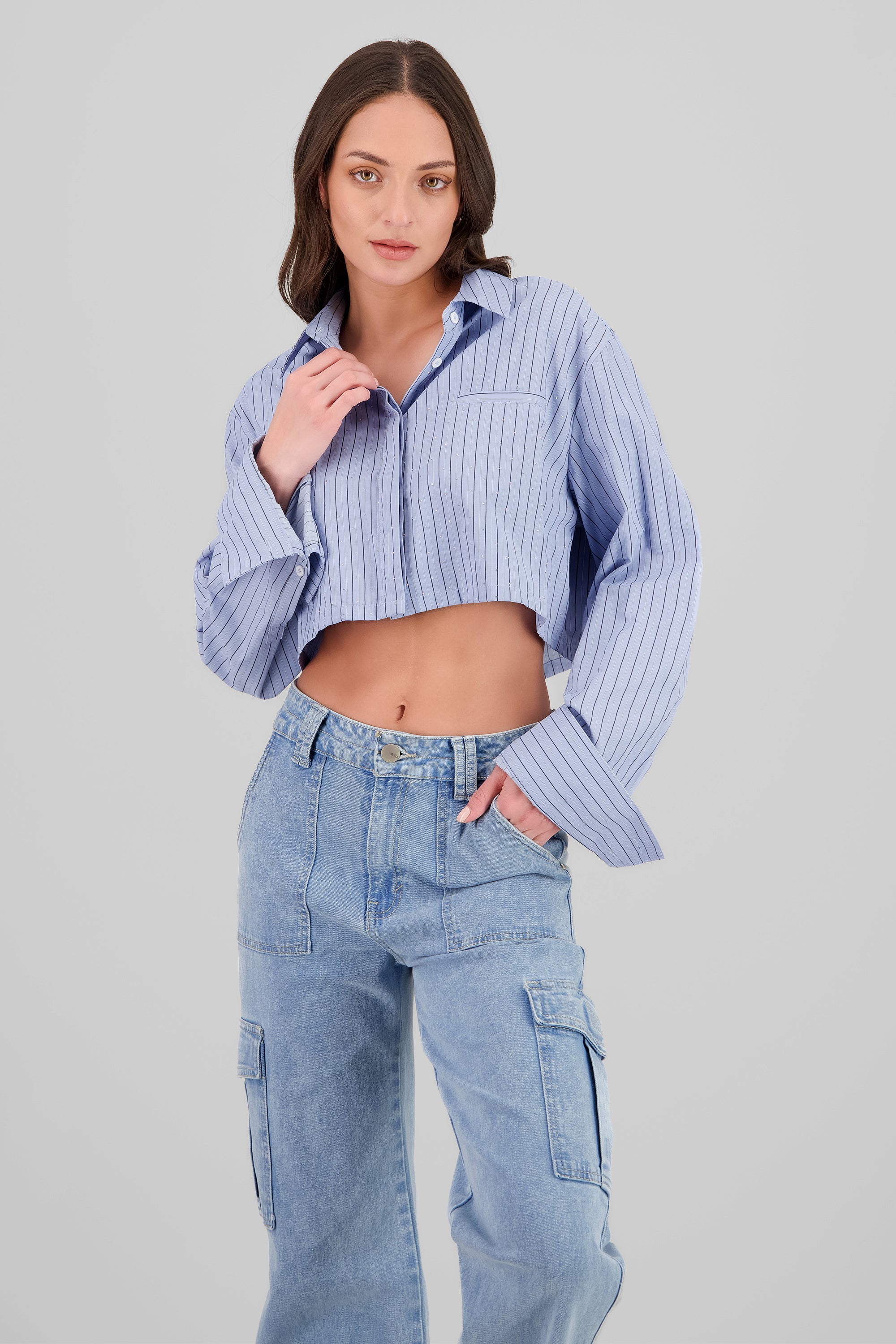 Camisa crop a rayas con brillos AZUL COMBO