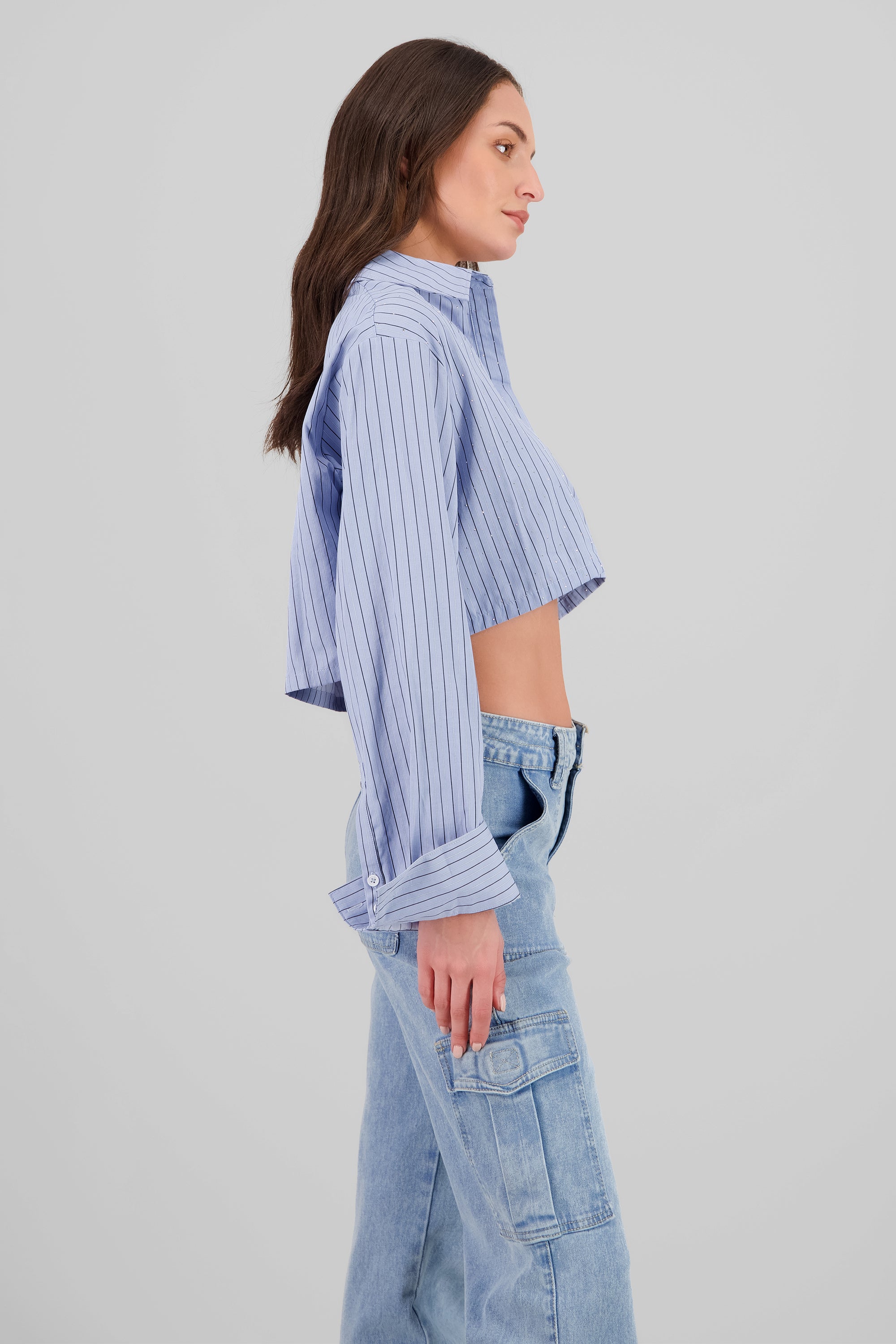 Camisa crop a rayas con brillos AZUL COMBO