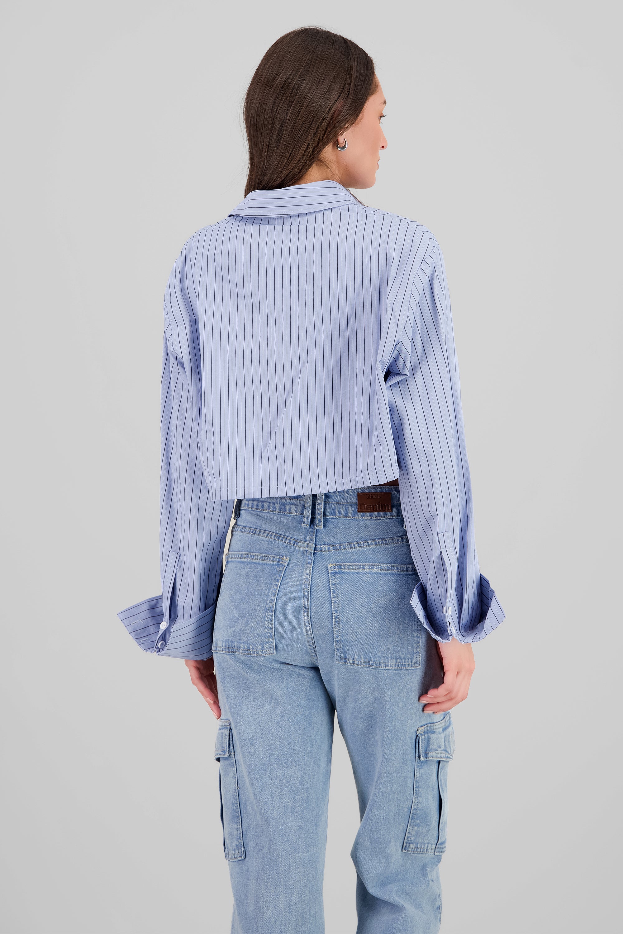 Camisa crop a rayas con brillos AZUL COMBO