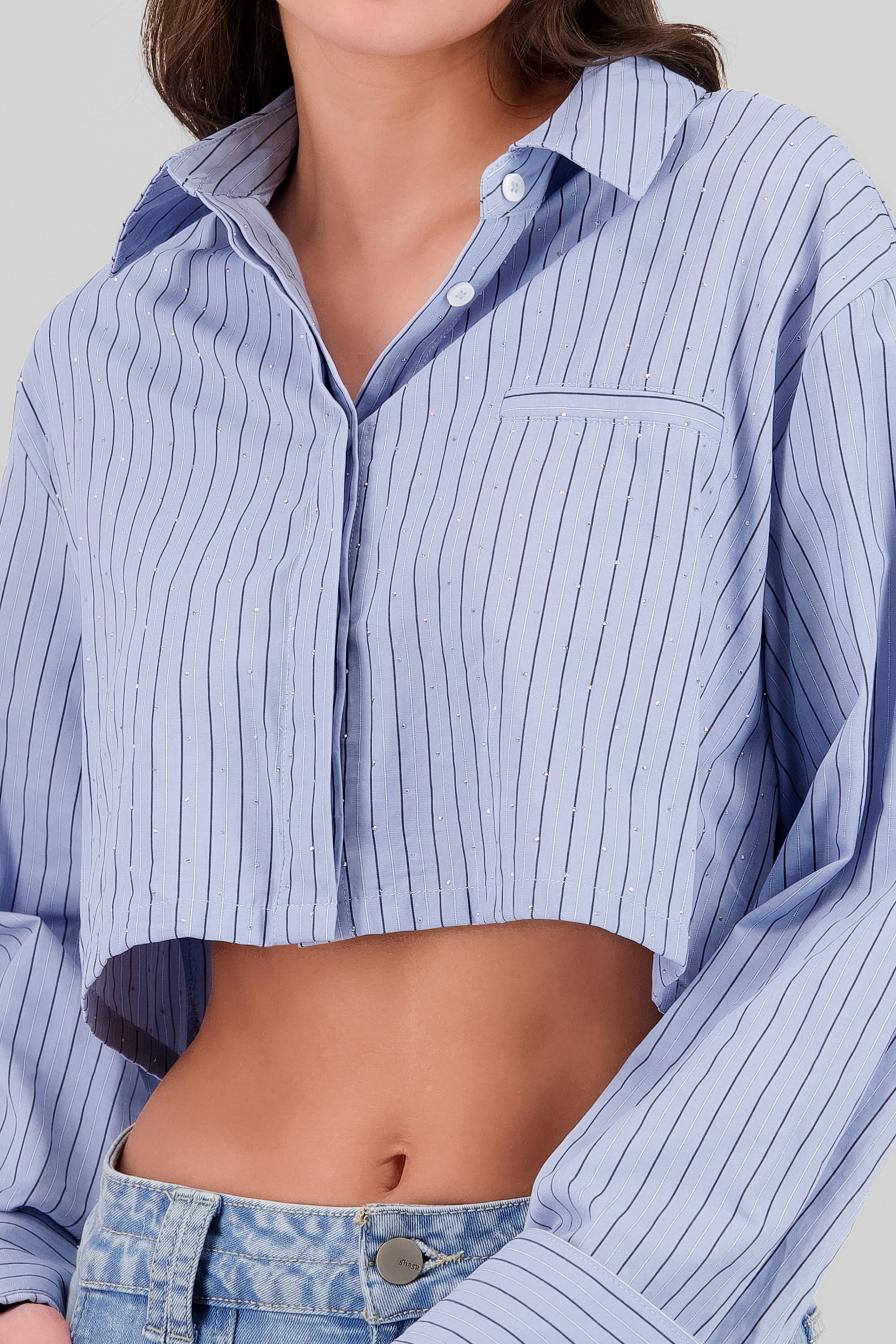 Camisa crop a rayas con brillos AZUL COMBO