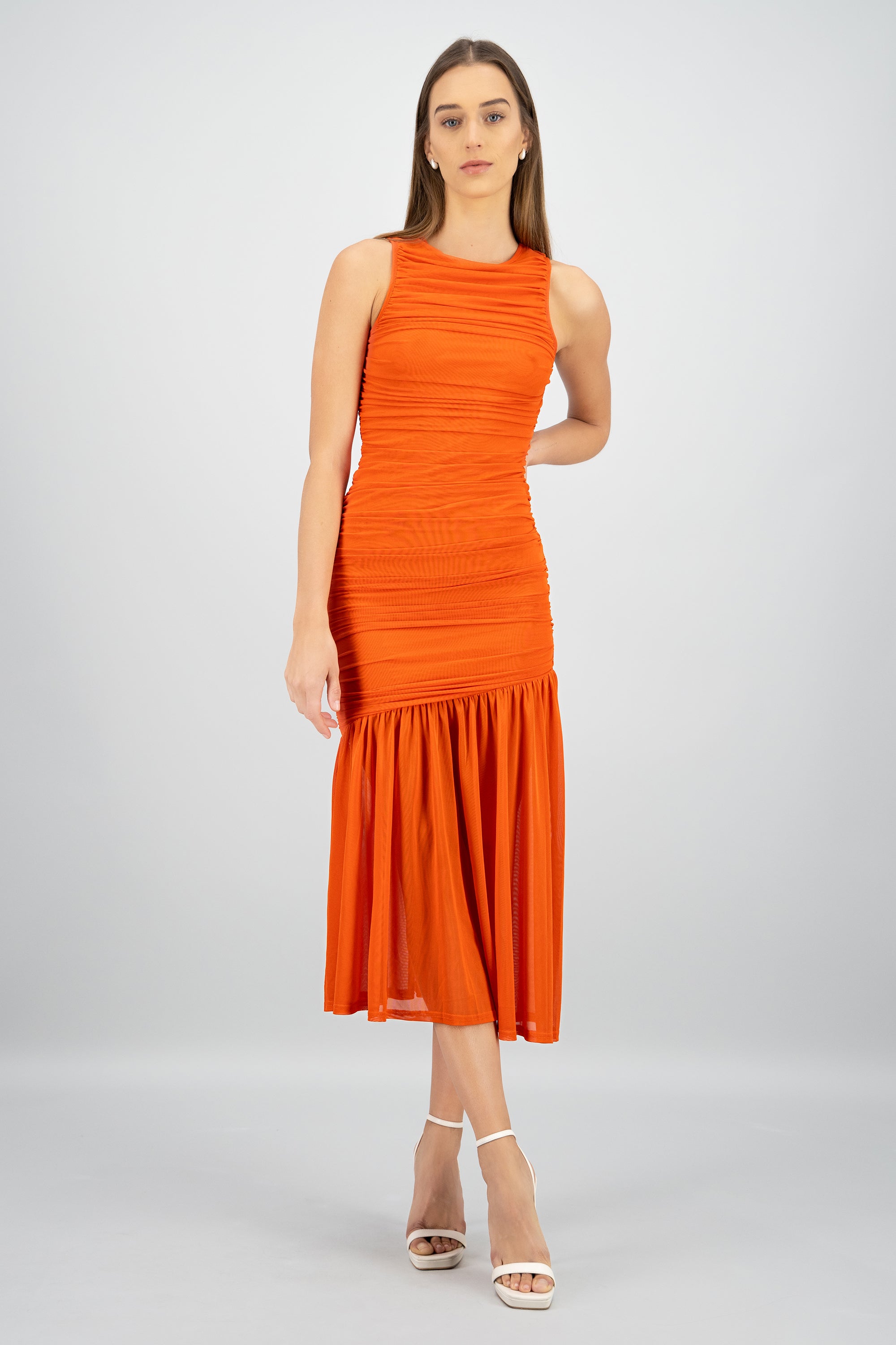 Vestido maxi mesh fruncido MANDARINA