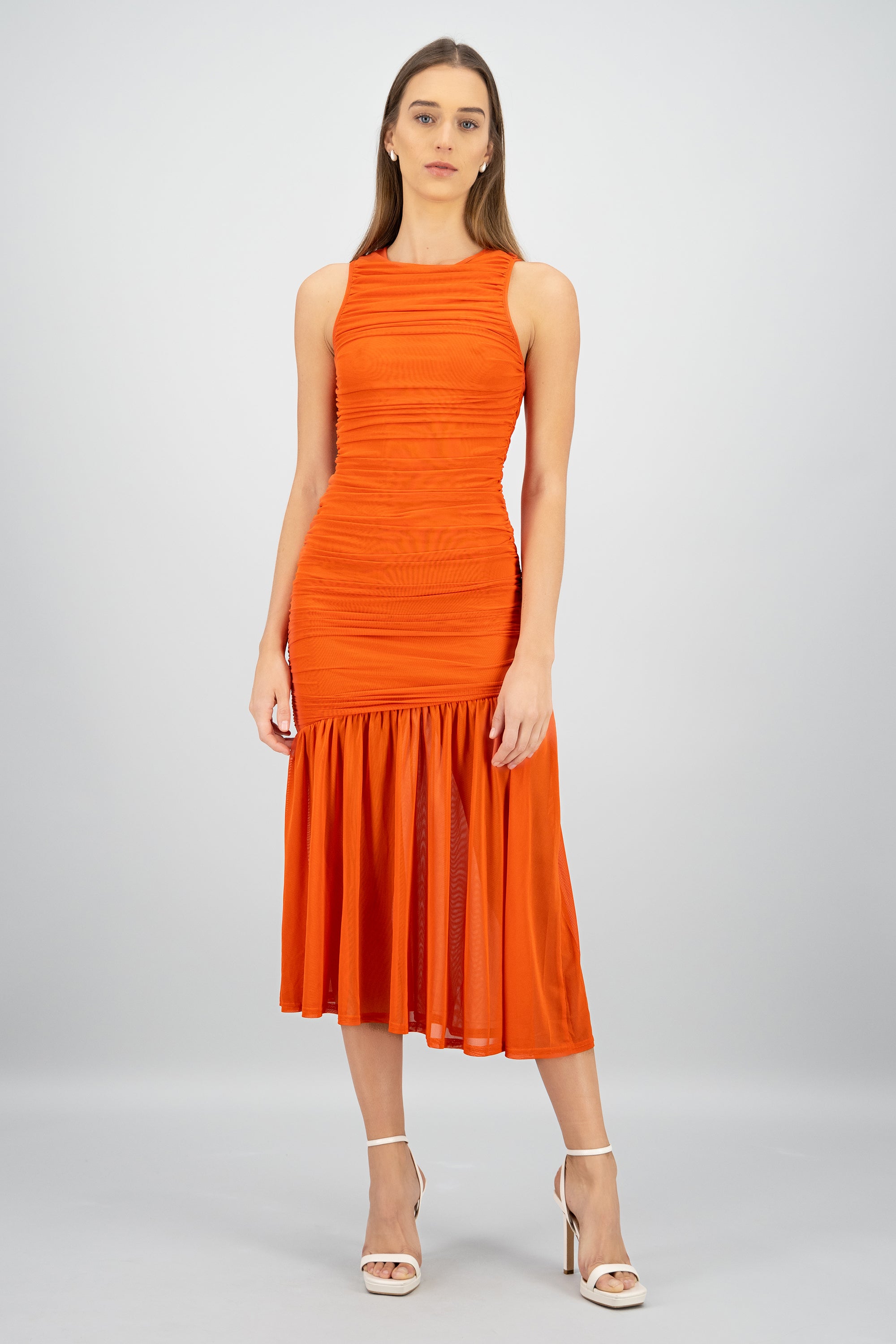 Vestido maxi mesh fruncido MANDARINA