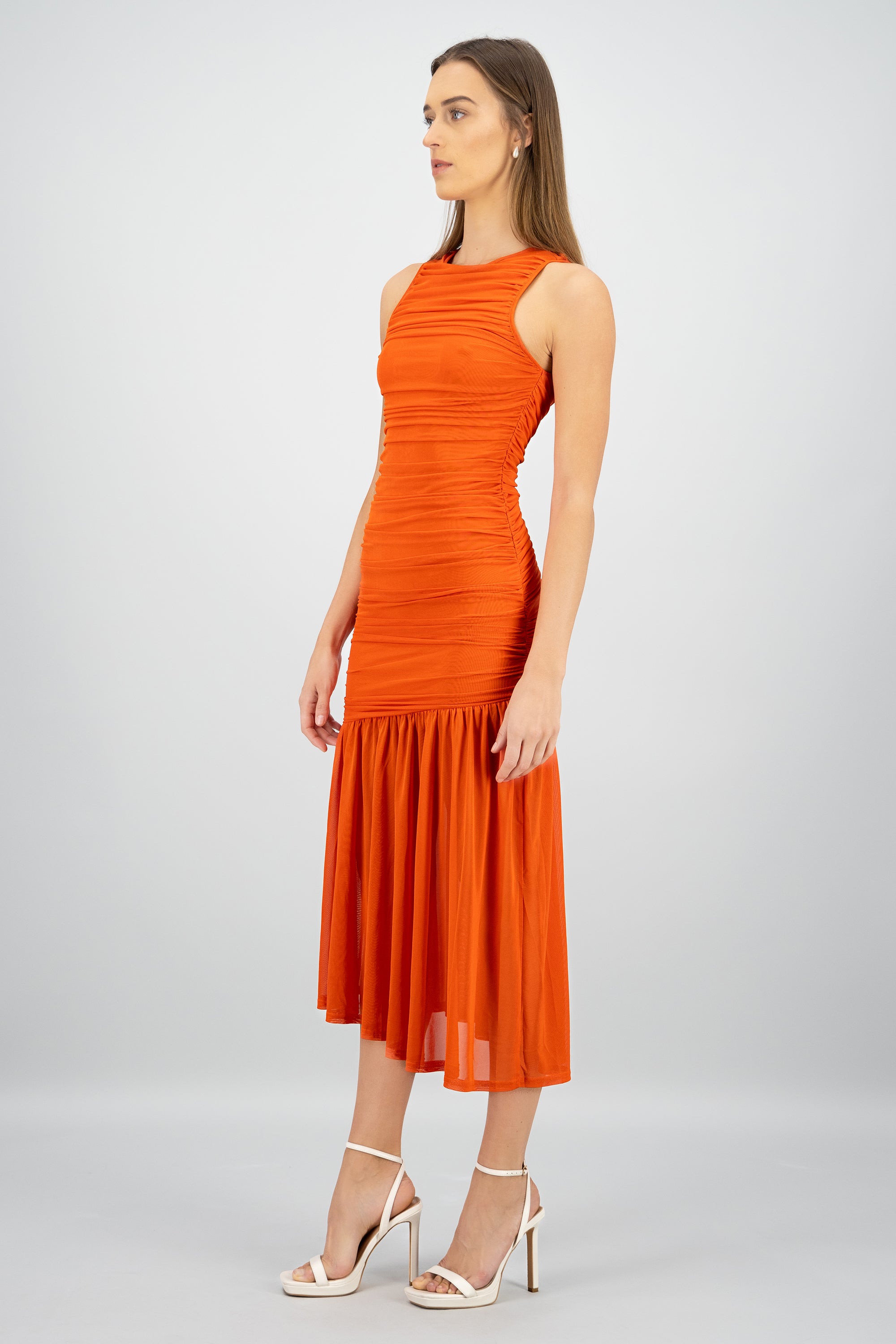 Vestido maxi mesh fruncido MANDARINA