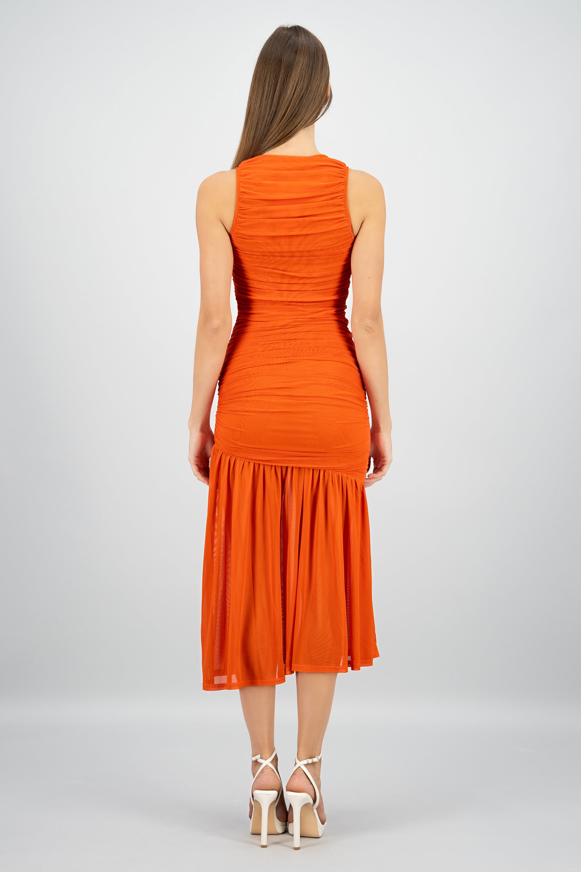 Vestido maxi mesh fruncido MANDARINA