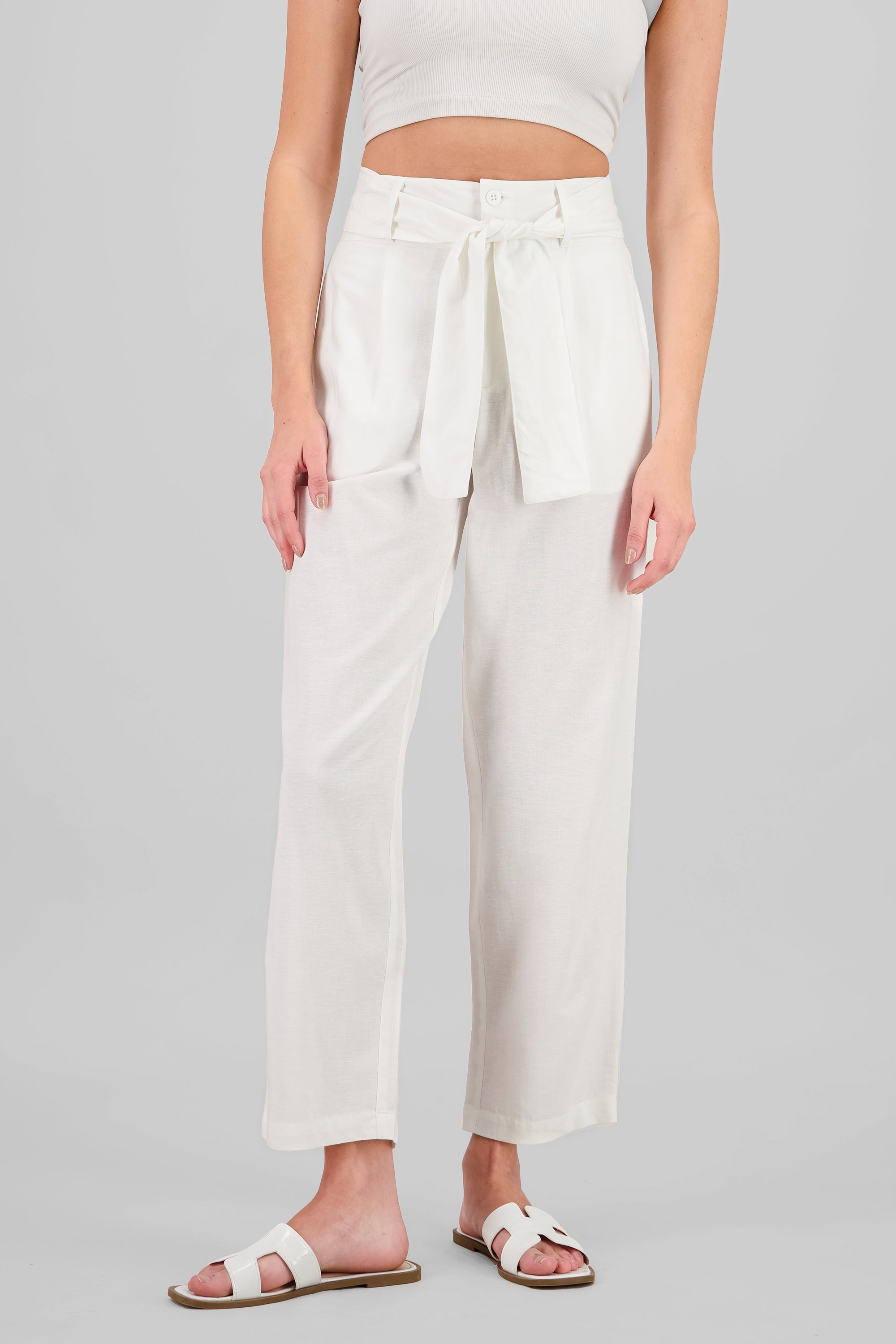 Pantalon straight mezcla lino HUESO